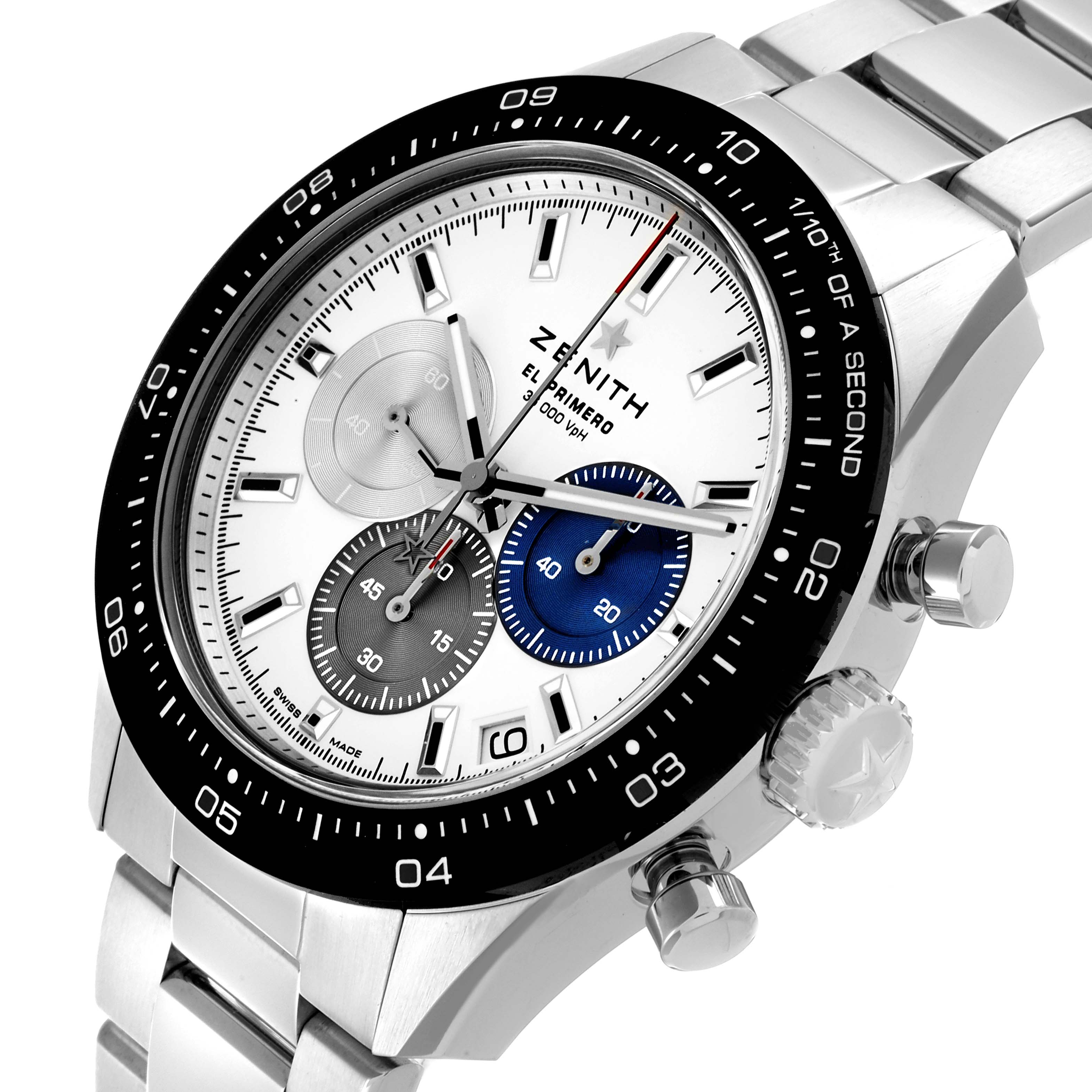 The Zenith El Primero 03.3100.3600 Men
s Stainless Steel White Dial model is shown from a slightly angled top view, displaying the dial, bezel, pushers, and bracelet.