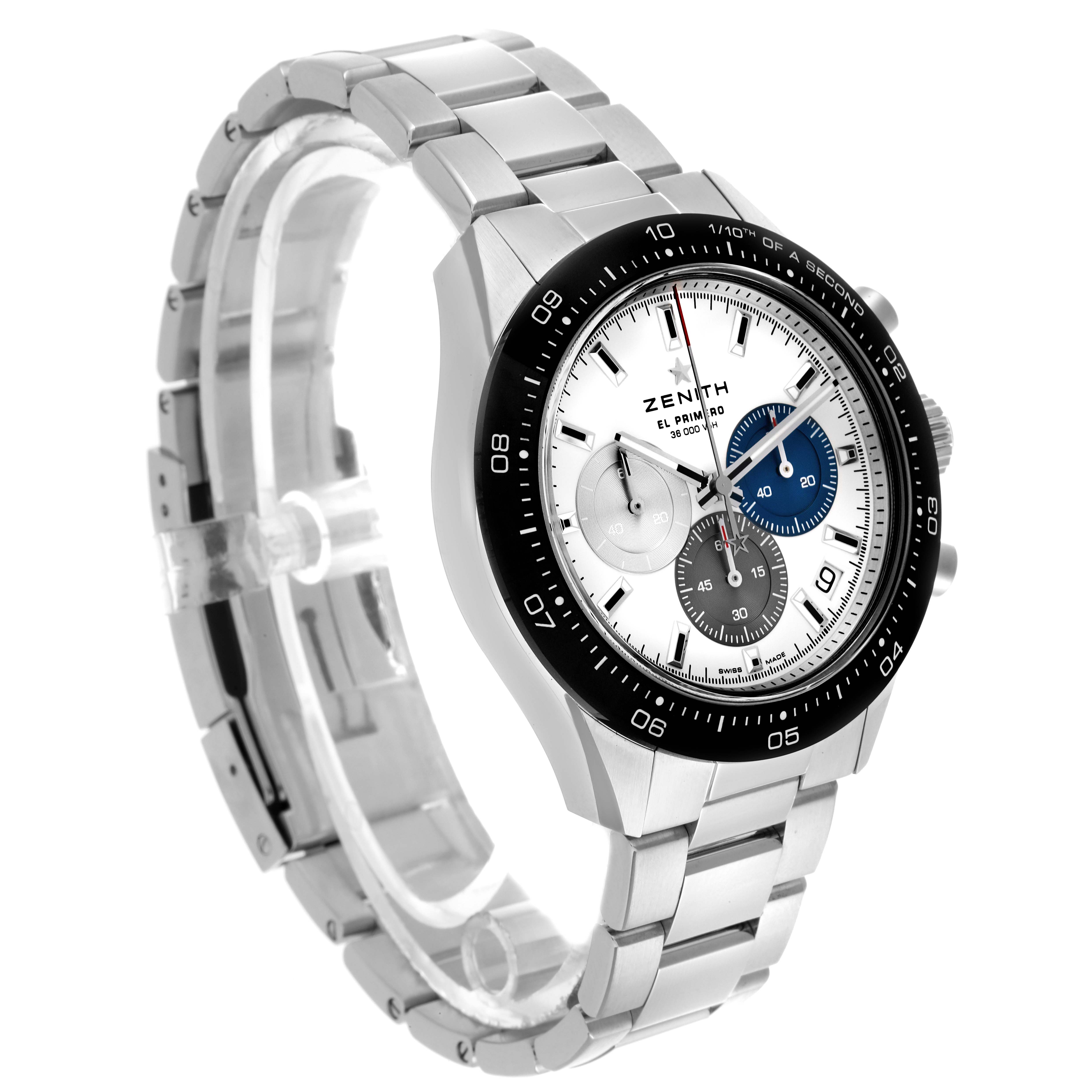 The Zenith El Primero 03.3100.3600 Men
s Stainless Steel White Dial watch is shown at a three-quarter angle, displaying the face, bracelet, and bezel.