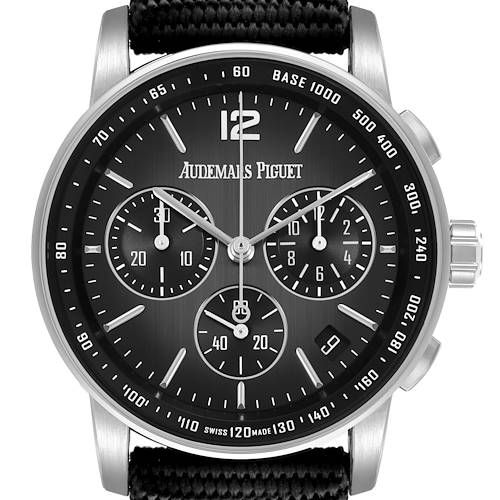 The Audemars Piguet Code 11.59 26393NB.OO.A002KB.01 Men's Ceramic Green Dial watch is shown from the front, highlighting its dial, subdials, and bezel.