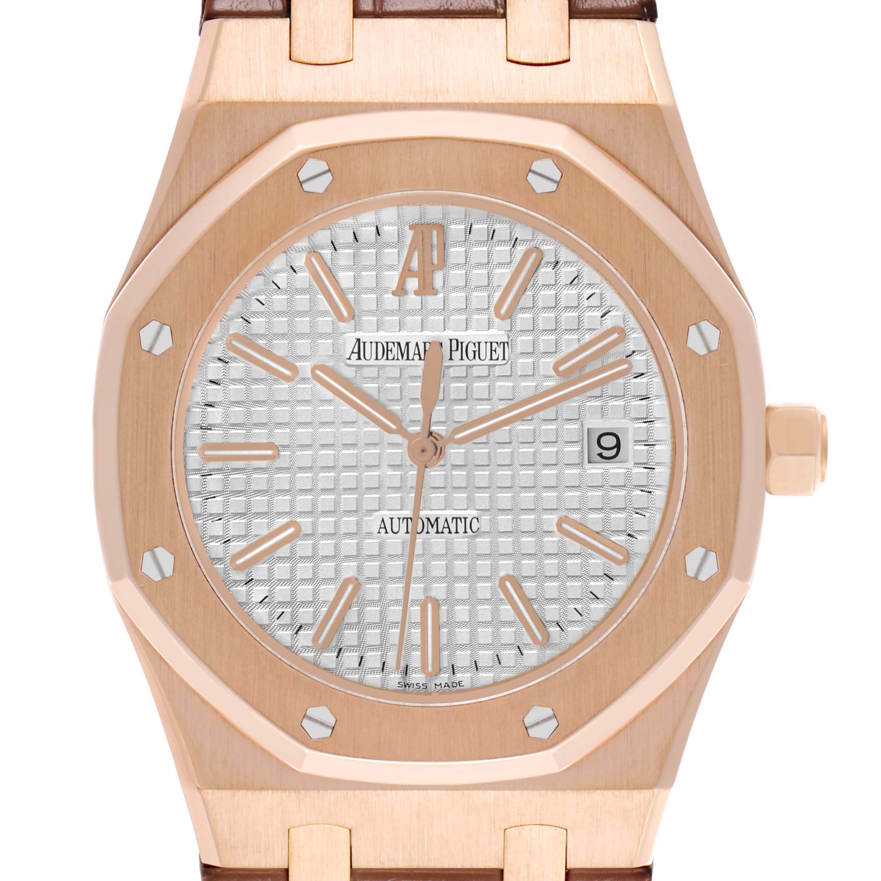 The image shows the frontal view of an Audemars Piguet Royal Oak 15400OR Men's Rose Gold Silver Dial watch, highlighting the dial, bezel, and crown.