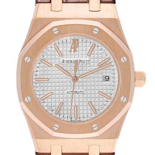 The image shows a front view of the Audemars Piguet Royal Oak 15400OR Men's Rose Gold Silver Dial watch, featuring its octagonal bezel and textured dial.