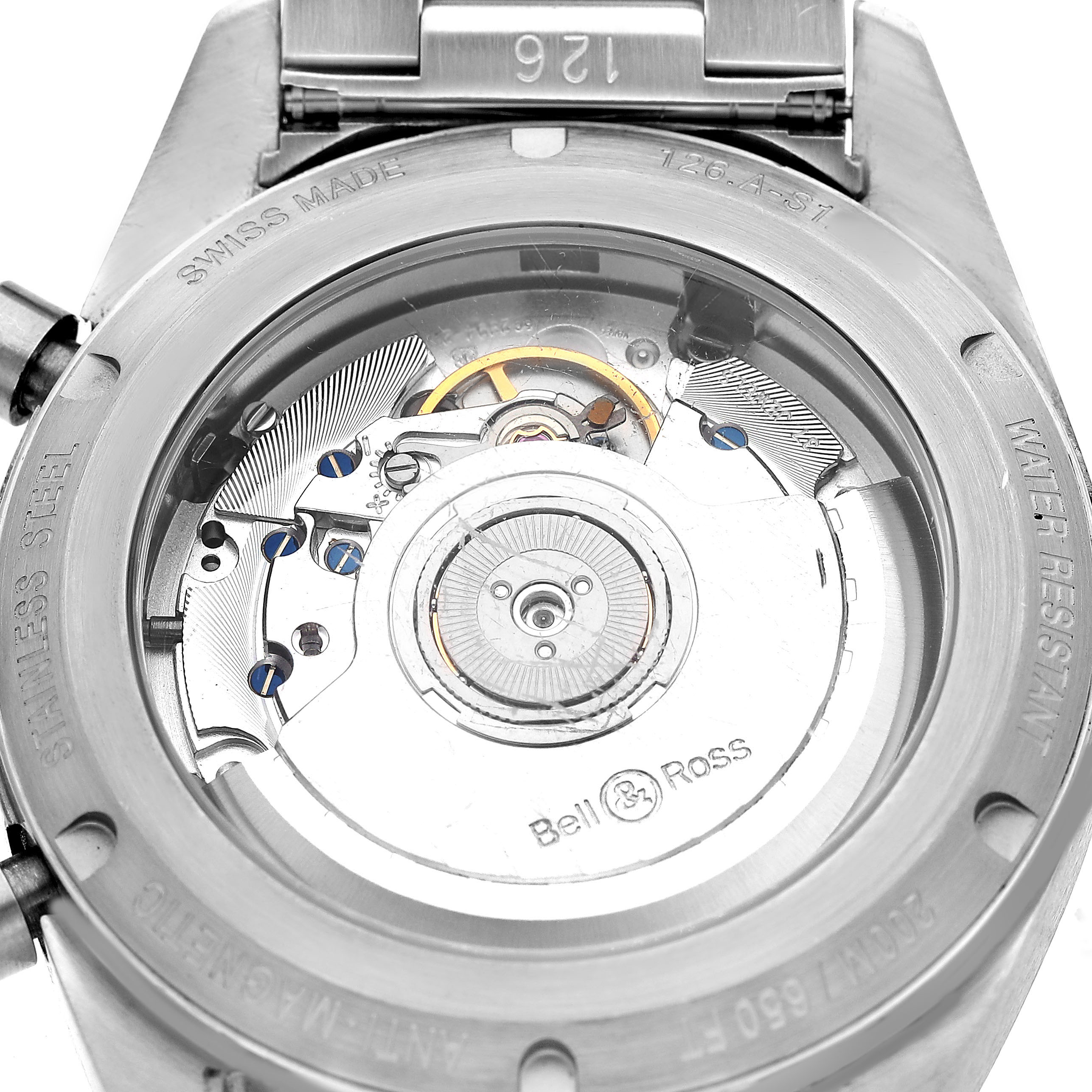 The image shows the back view of a Bell & Ross Vintage BRV126-BEI-ST Men's Stainless Steel Beige Dial model, highlighting its mechanical movement and case back.