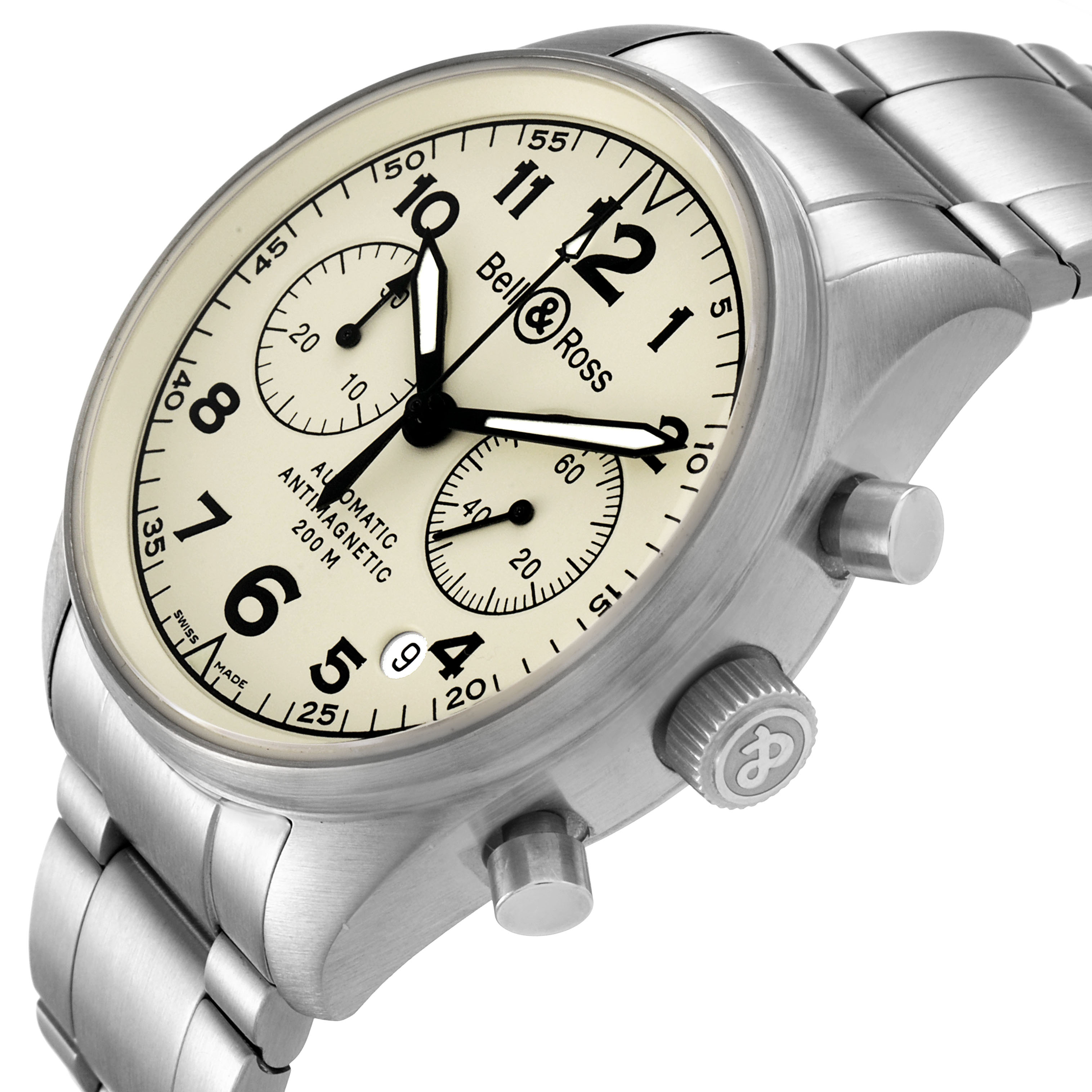 The Bell & Ross Vintage BRV126-BEI-ST Men's Stainless Steel Beige Dial watch is shown at a three-quarter angle, highlighting its face, crown, pushers, and bracelet.