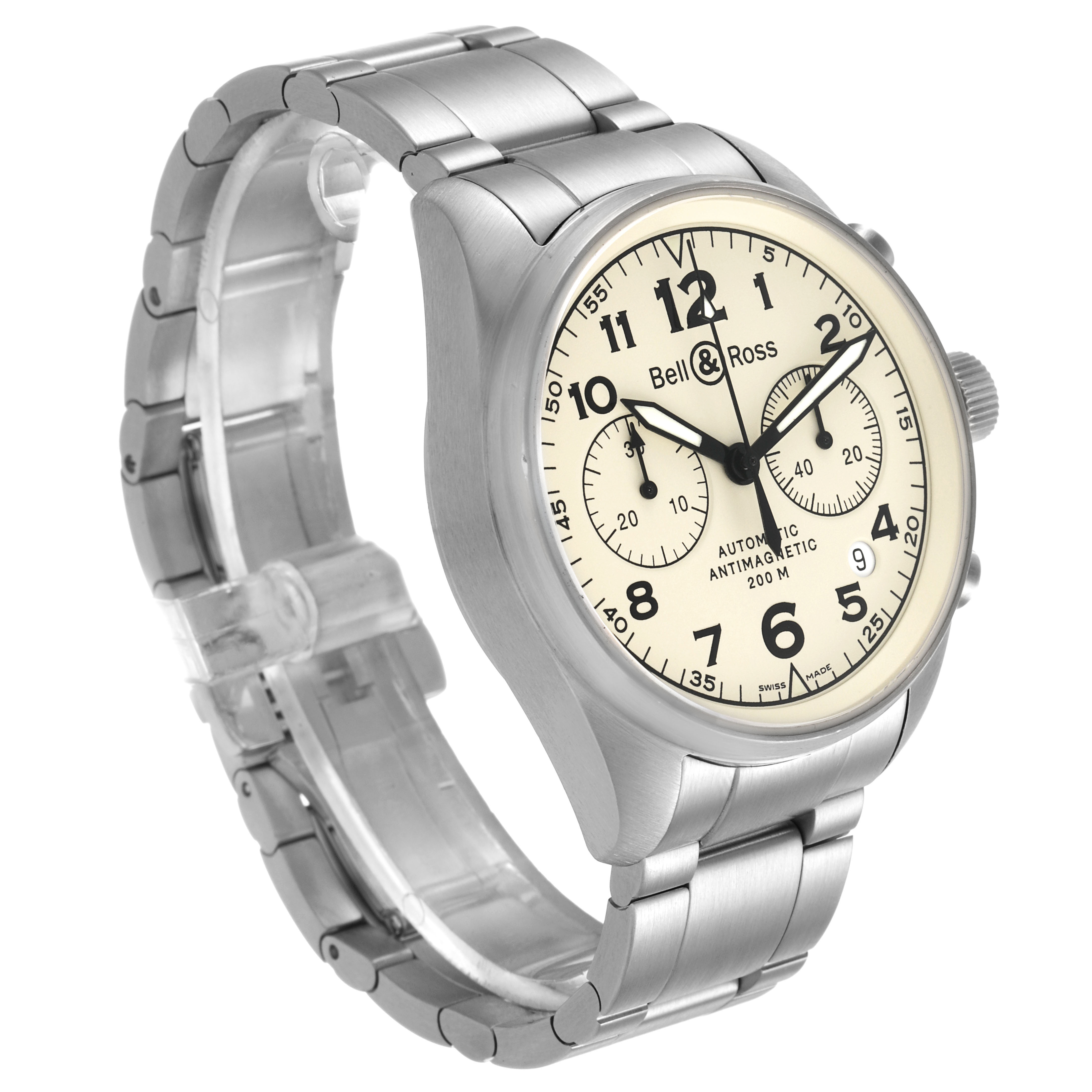 The Bell & Ross Vintage BRV126-BEI-ST Men's Stainless Steel Beige Dial watch is shown at a three-quarter angle, highlighting the dial, bezel, and stainless steel bracelet.
