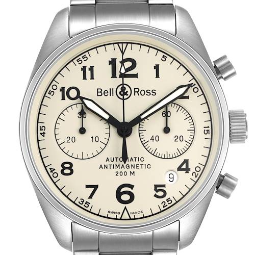 The Bell & Ross Vintage BRV126-BEI-ST Men's Stainless Steel Beige Dial model watch is shown from a front angle, displaying the dial, tachymeter, and pushers.