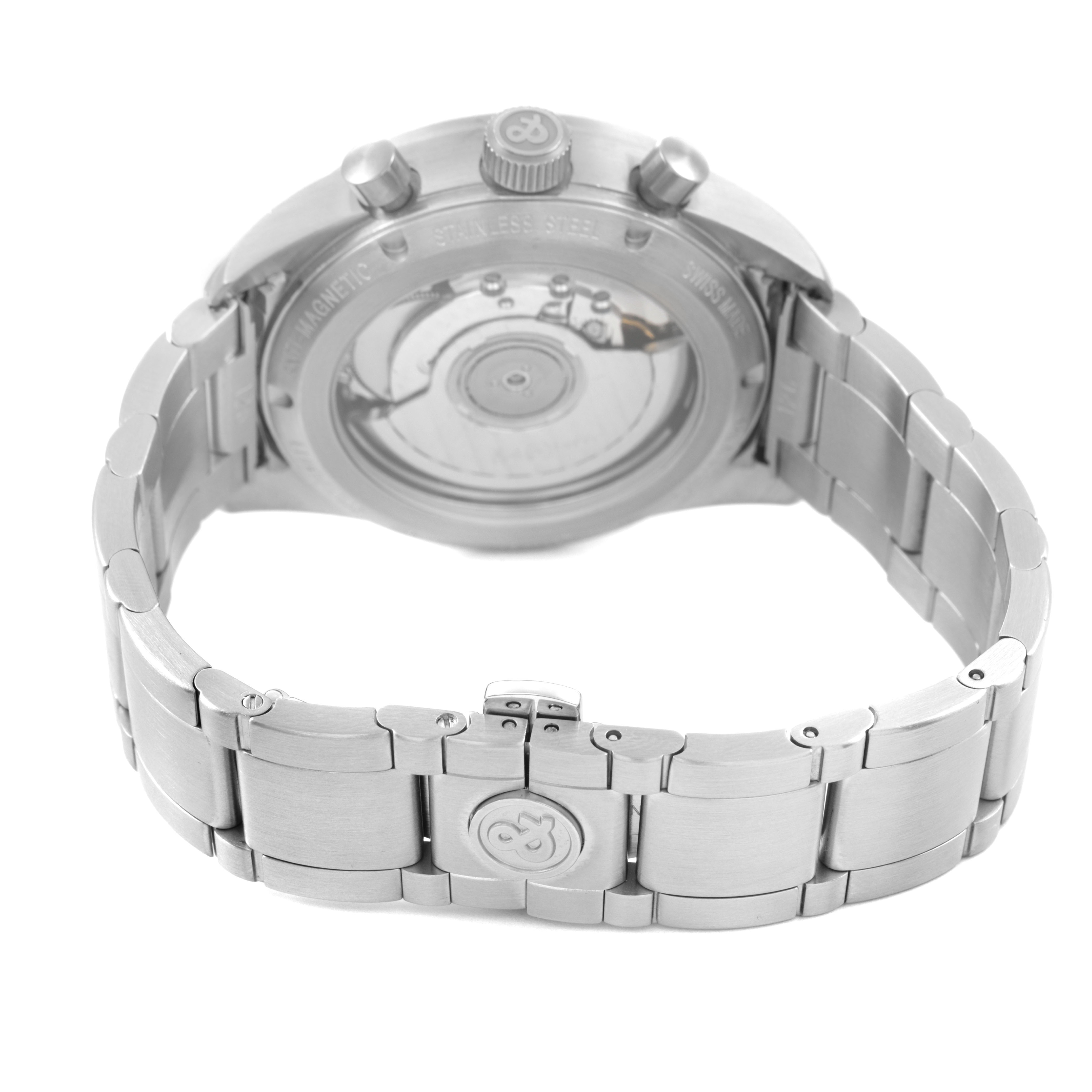 The image shows the case back and bracelet of the Bell & Ross Vintage BRV126-BEI-ST Men's Stainless Steel Beige Dial model from a slightly angled rear perspective.