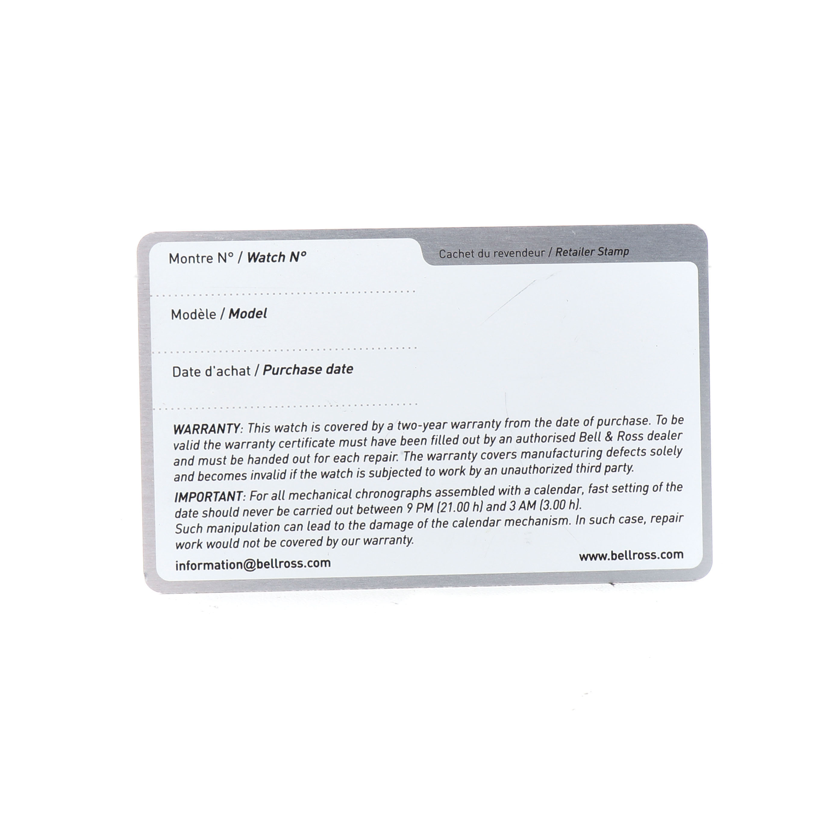 The image shows a warranty card for a Bell & Ross Vintage BRV126-BEI-ST Men's Stainless Steel Beige Dial model watch, detailing purchase and repair information.