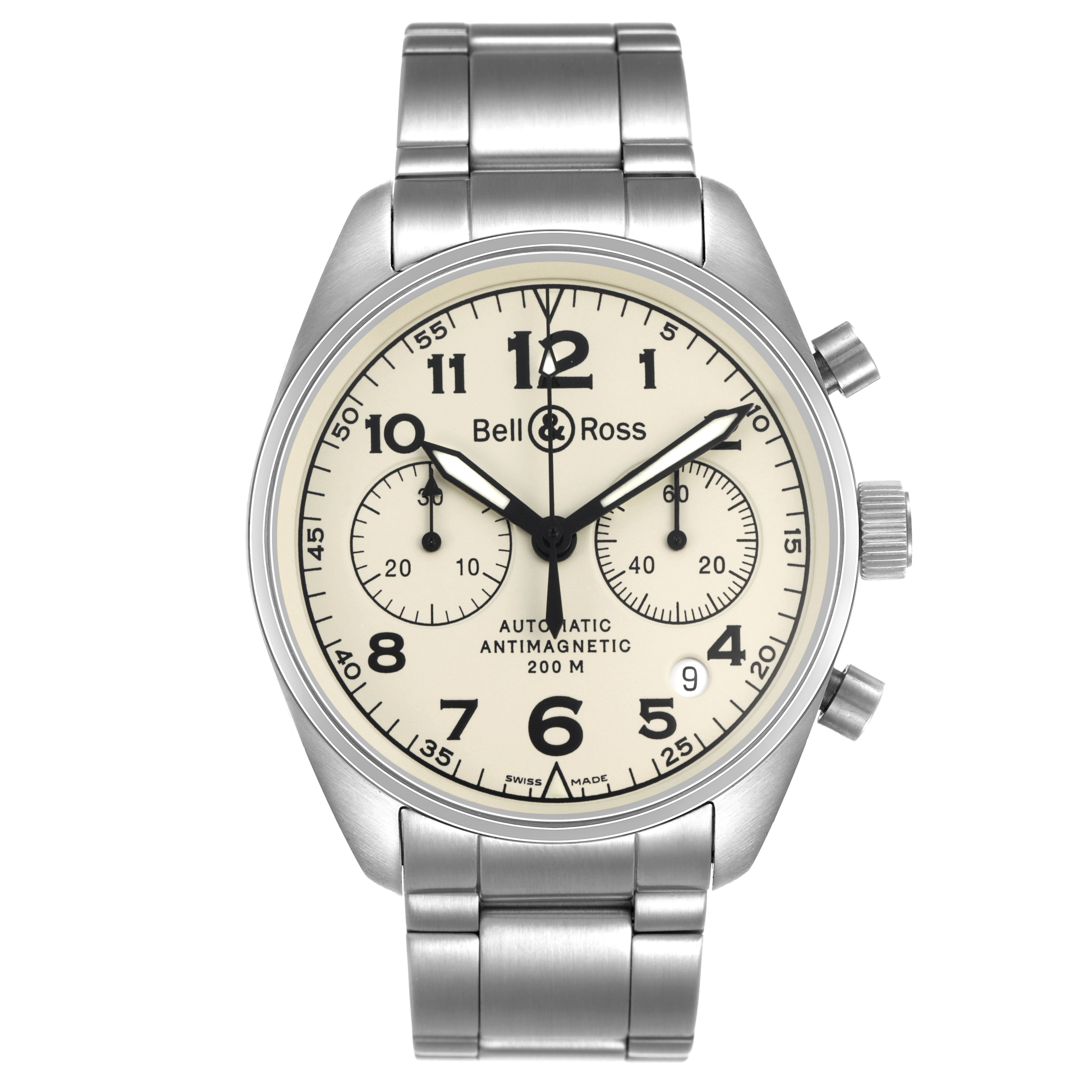 The Bell & Ross Vintage BRV126-BEI-ST Men's Stainless Steel Beige Dial model is shown frontally, highlighting the dial, bezel, crown, and bracelet.