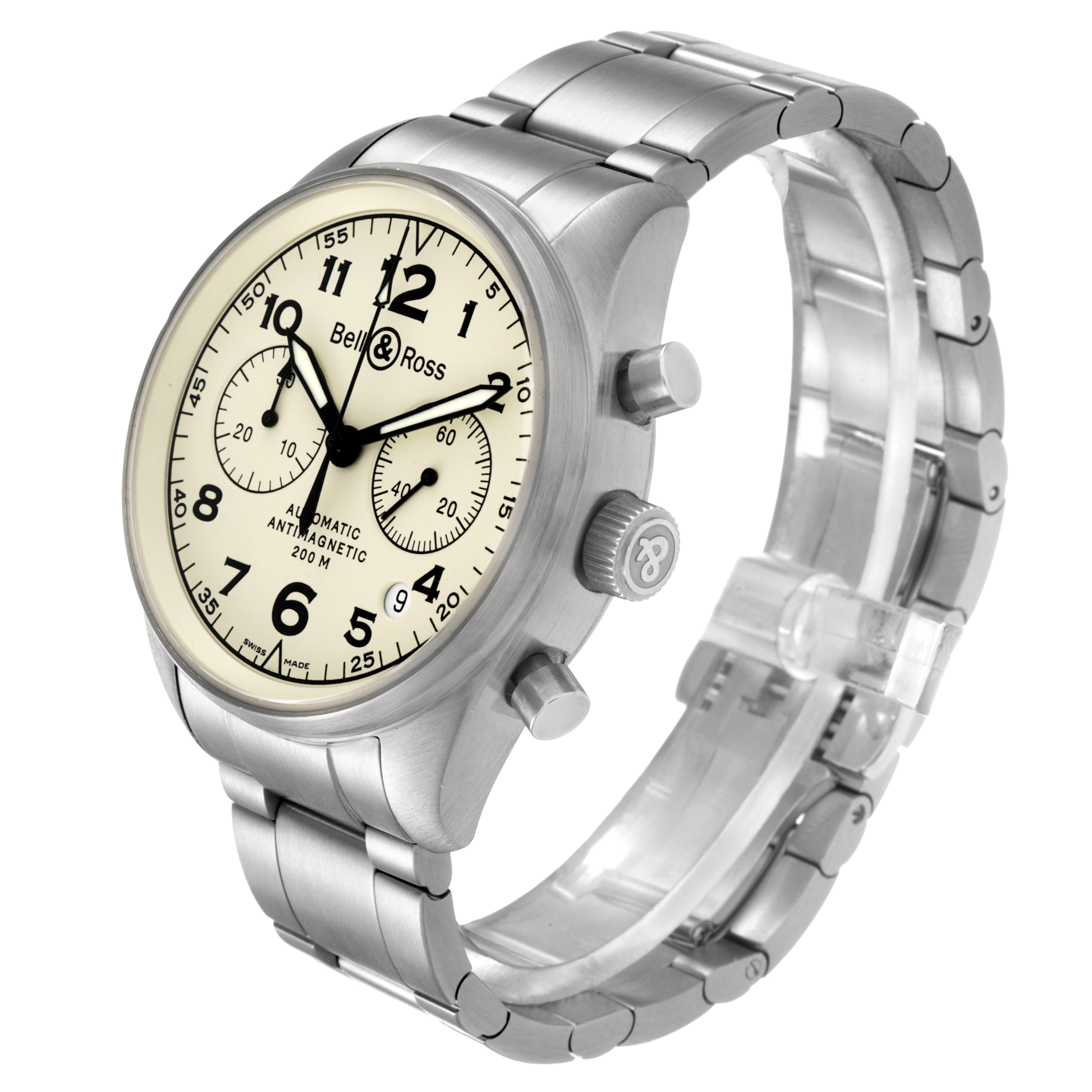The Bell & Ross Vintage BRV126-BEI-ST Men's Stainless Steel Beige Dial watch is shown at a three-quarter angle displaying the face, side buttons, crown, and metal bracelet.