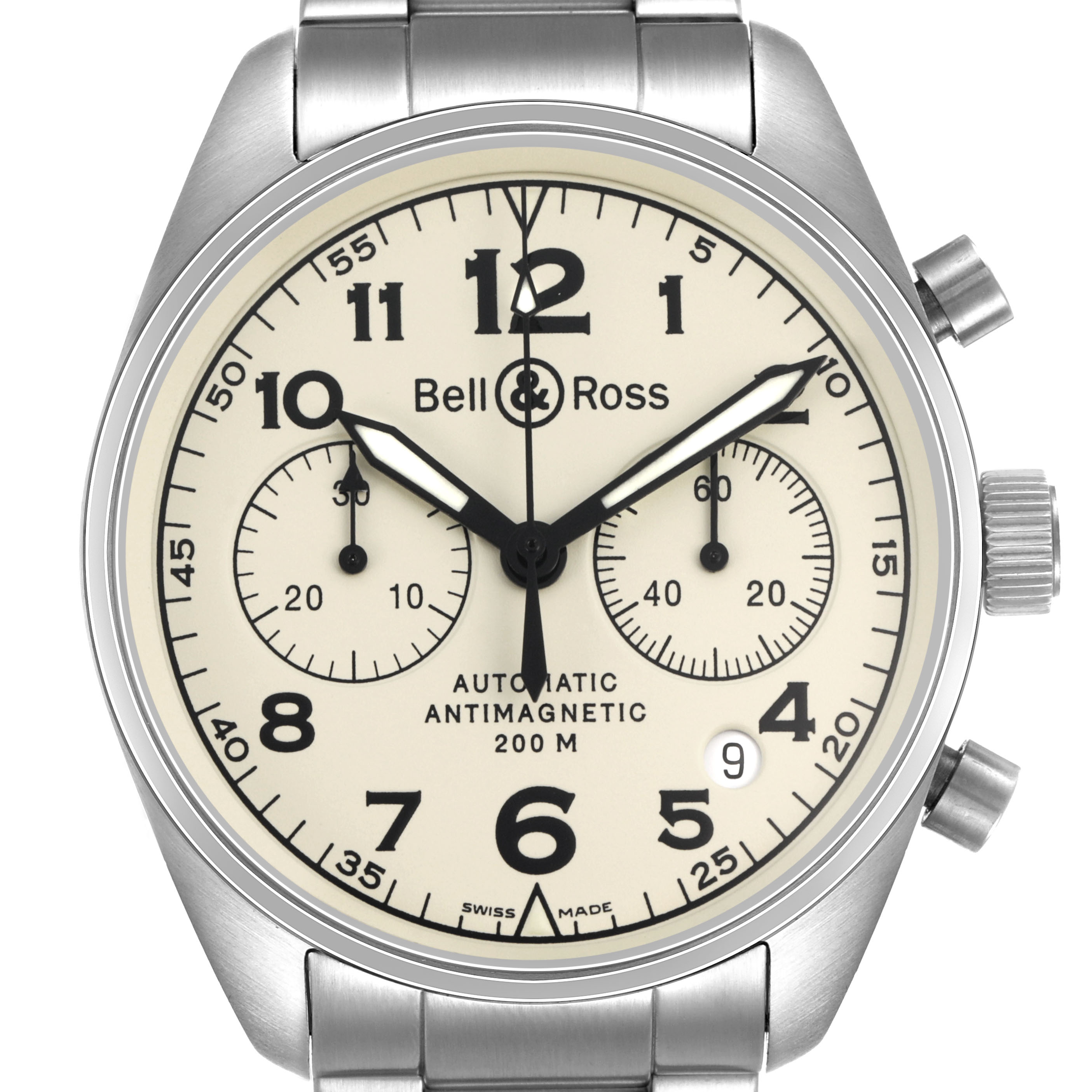 The Bell & Ross Vintage BRV126-BEI-ST Men's Stainless Steel Beige Dial watch is shown from a front view, displaying its dial, subdials, and side buttons on the case.