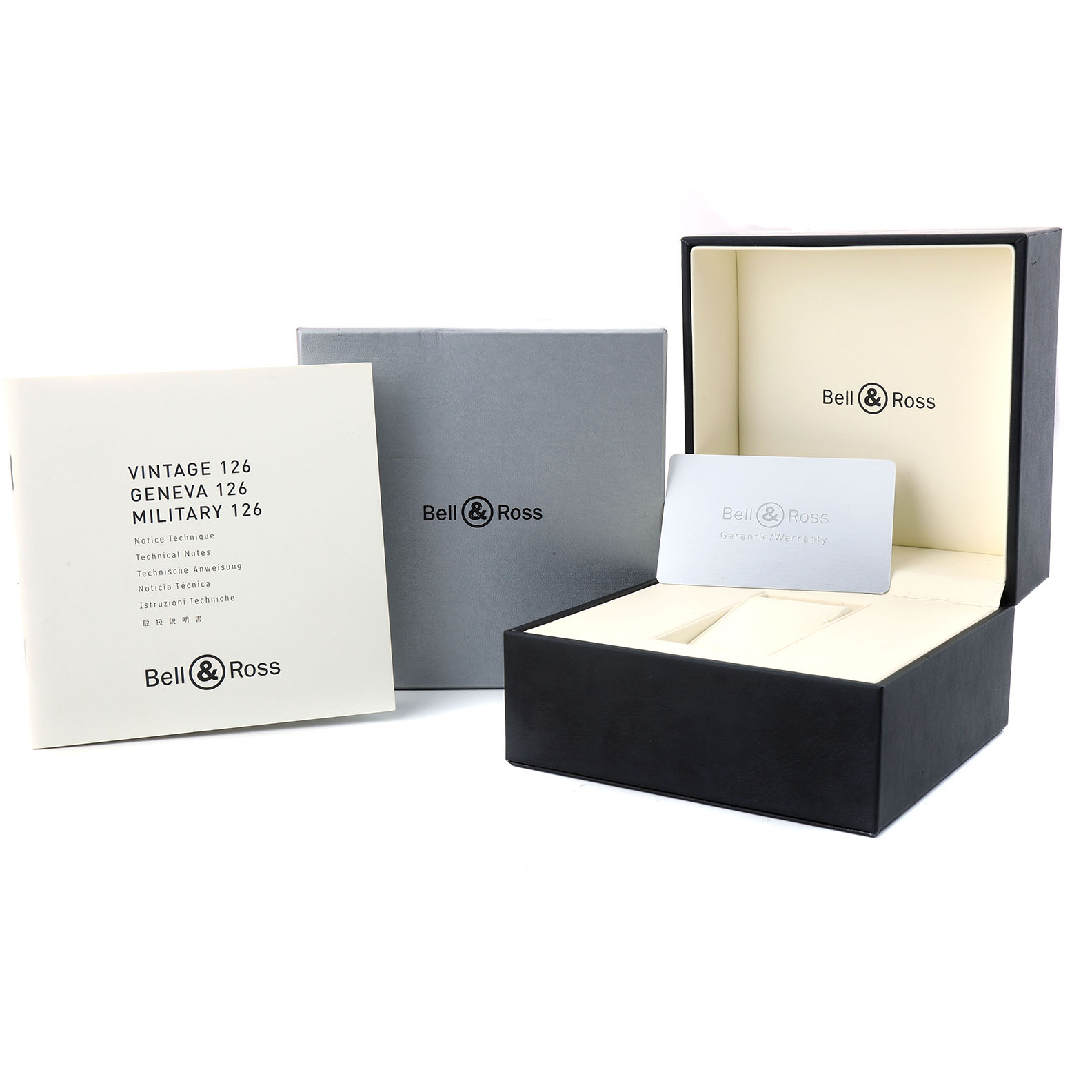 The image shows the packaging and accessories for the Bell & Ross Vintage BRV126-BEI-ST Men's Stainless Steel Beige Dial 126 watch, including the box, manual, and warranty card.