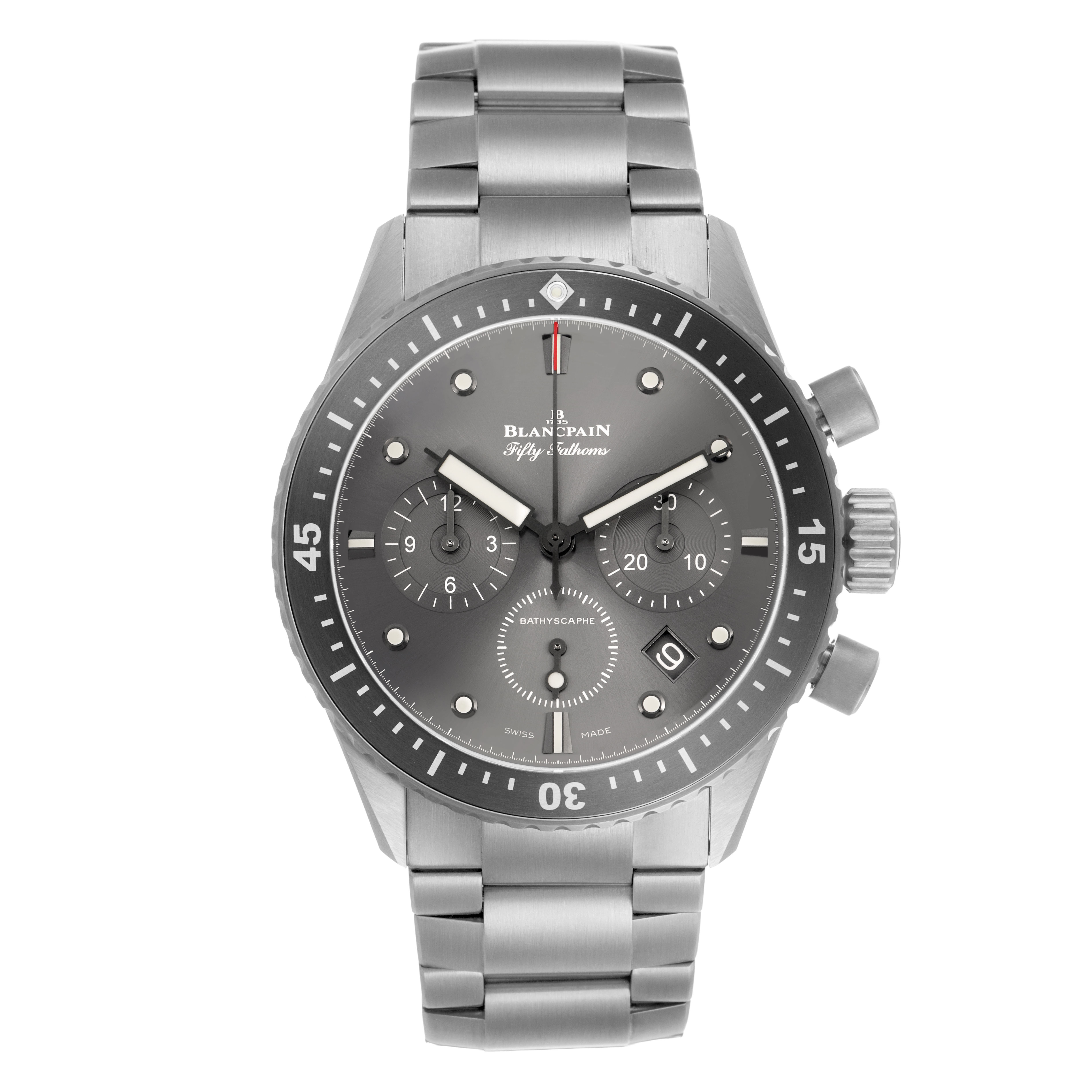 The Blancpain Fifty Fathoms 5200-1210-98S Men's Titanium Grey Dial watch is shown from the front, highlighting the dial, bezel, and bracelet.