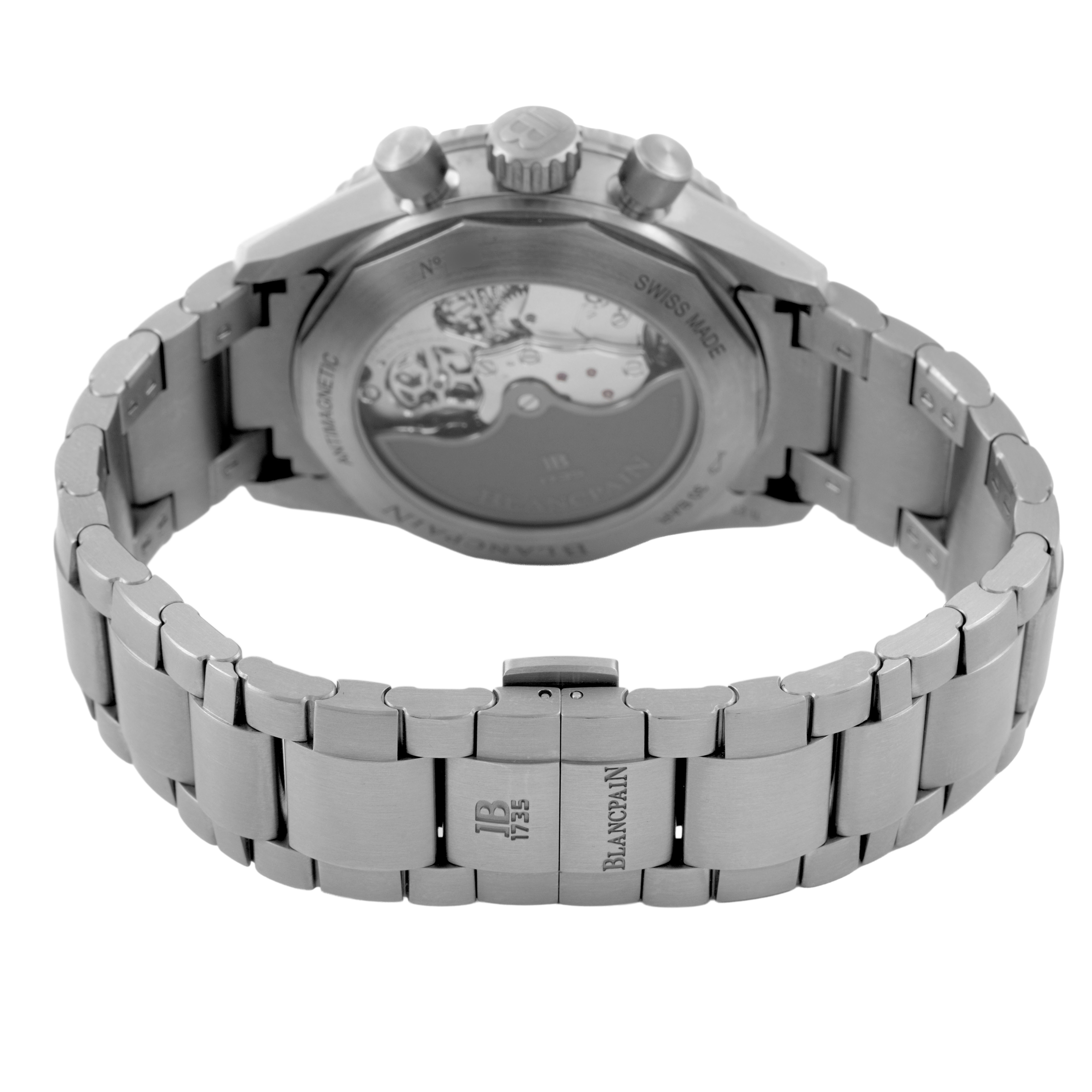 The image shows the back view of a Blancpain Fifty Fathoms 5200-1210-98S Men's Titanium Grey Dial watch, highlighting the metal bracelet and transparent case back.