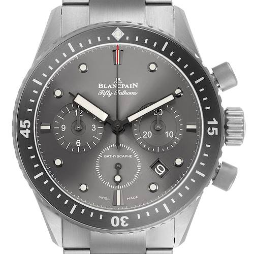 The Blancpain Fifty Fathoms 5200-1210-98S Men's Titanium Grey Dial watch is shown from a front angle, displaying its dial, bezel, crown, and chronograph subdials.