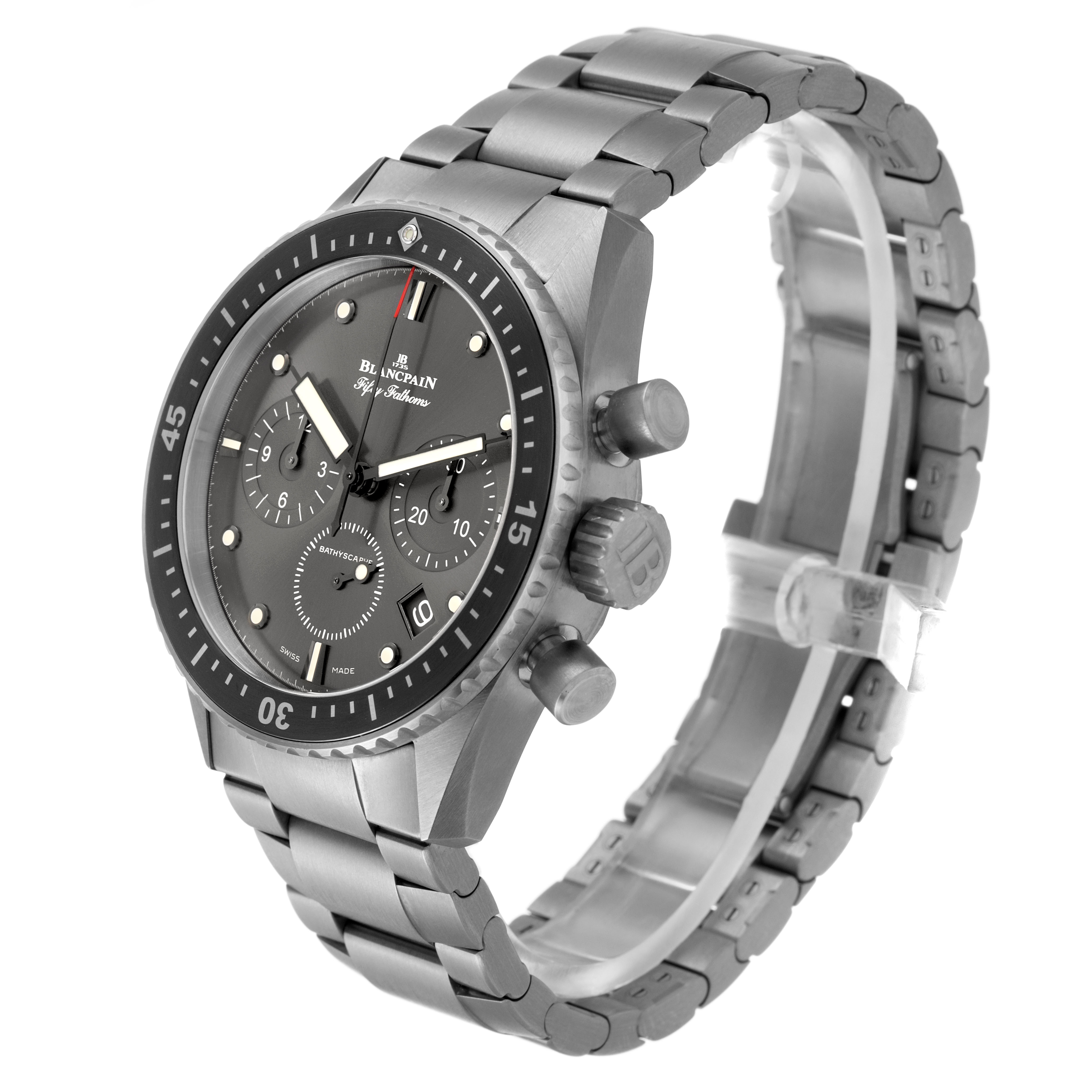 The image shows a Blancpain Fifty Fathoms 5200-1210-98S Men's Titanium Grey Dial watch from a three-quarter angle, highlighting the watch face, bezel, and metal bracelet.