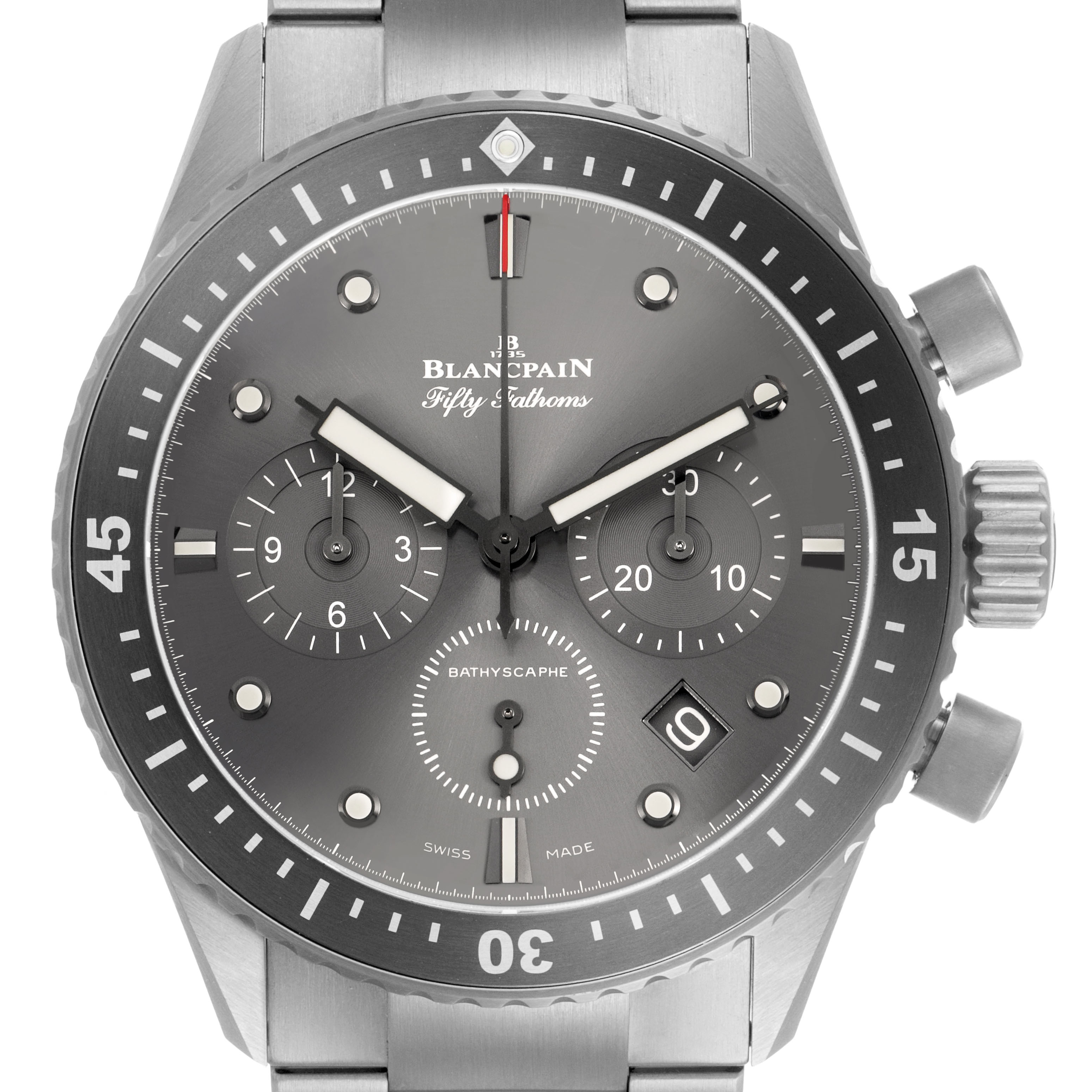 The image shows a frontal view of the Blancpain Fifty Fathoms 5200-1210-98S Men's Titanium Grey Dial watch, displaying its dial, crown, and bezel.