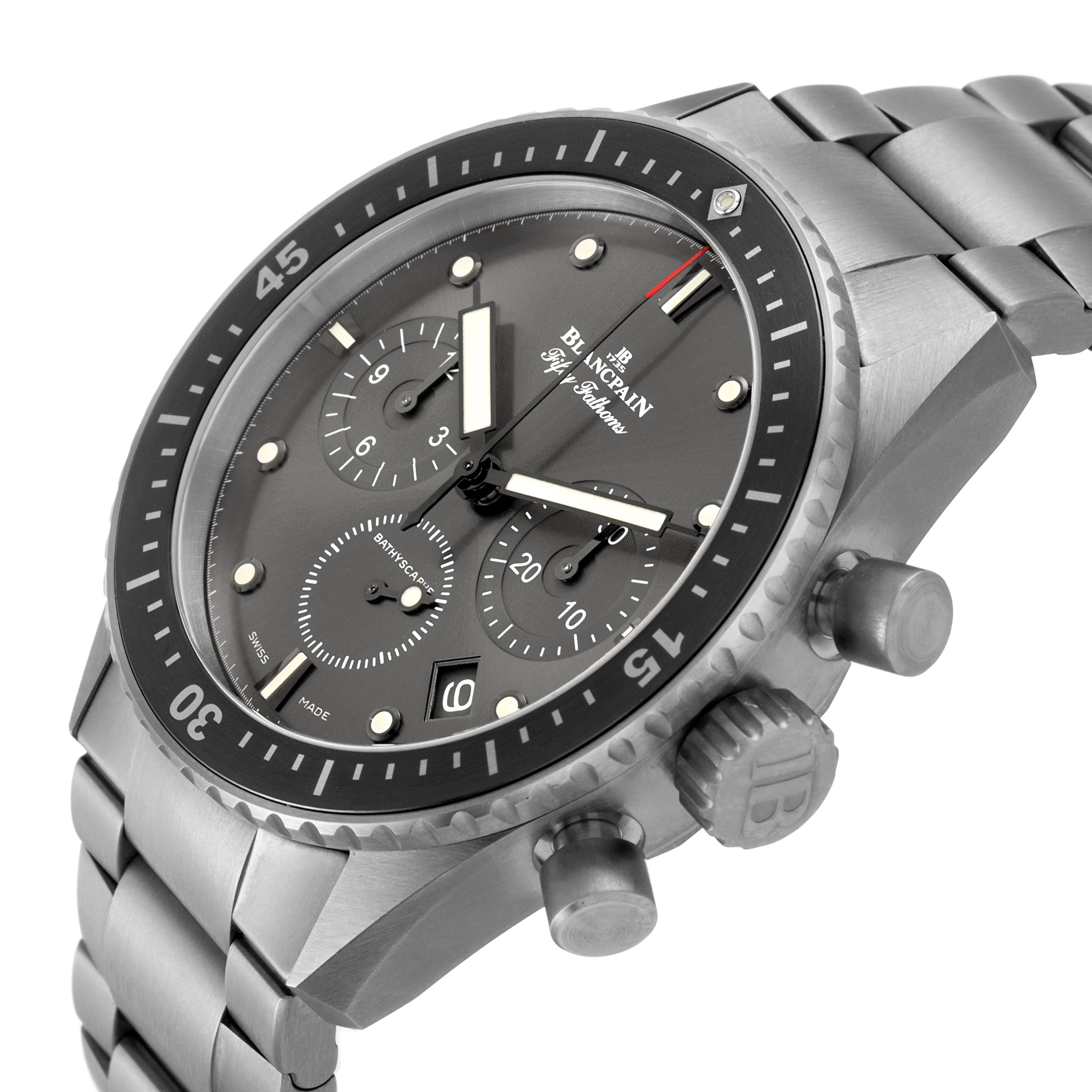 The Blancpain Fifty Fathoms 5200-1210-98S Men's Titanium Grey Dial watch is shown at an angle highlighting the face, bezel, crown, and metal bracelet.
