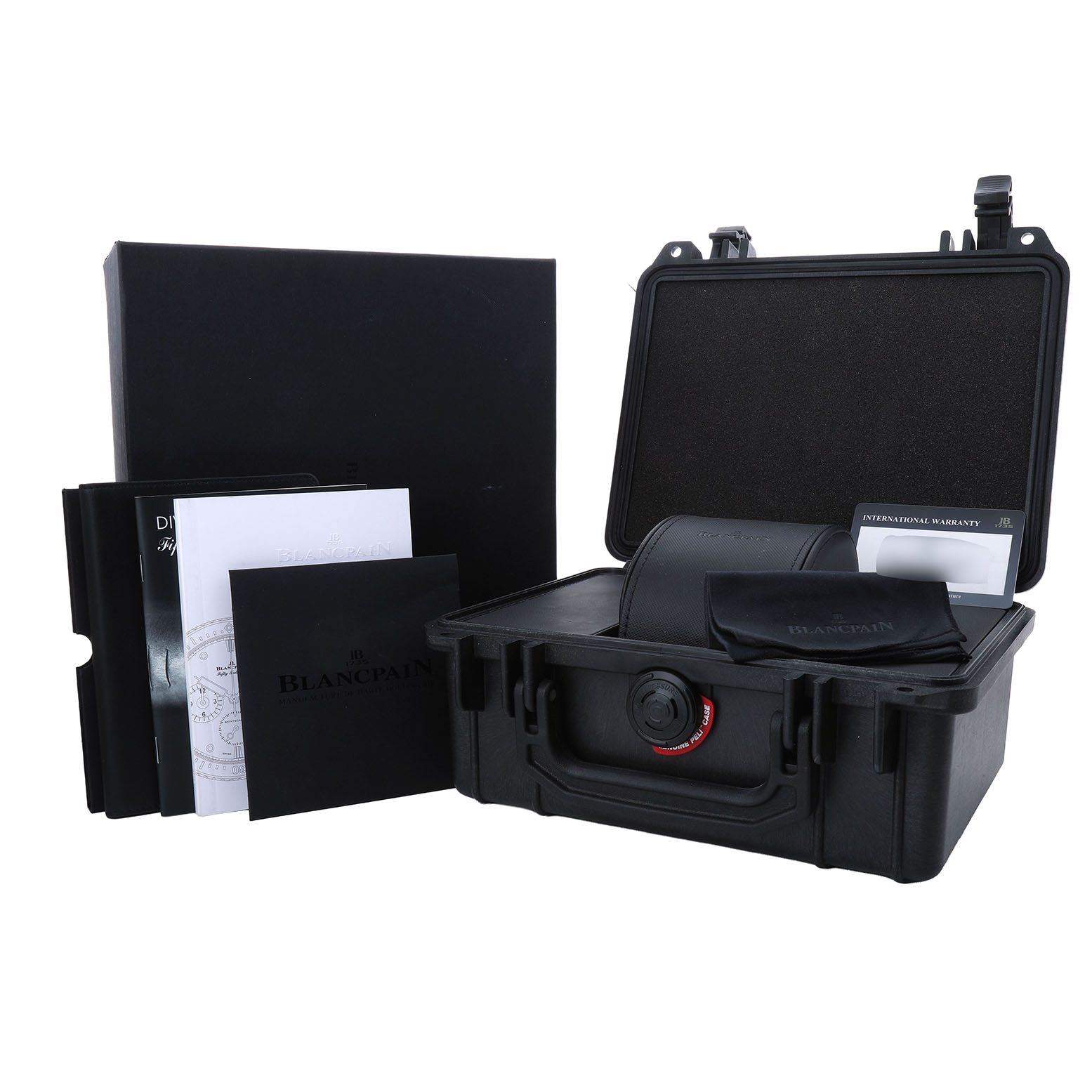 The image shows an open black box with assorted packaging and accessories for the Blancpain Fifty Fathoms 5200-1210-98S Men's Titanium Grey Dial watch, including an international warranty card.
