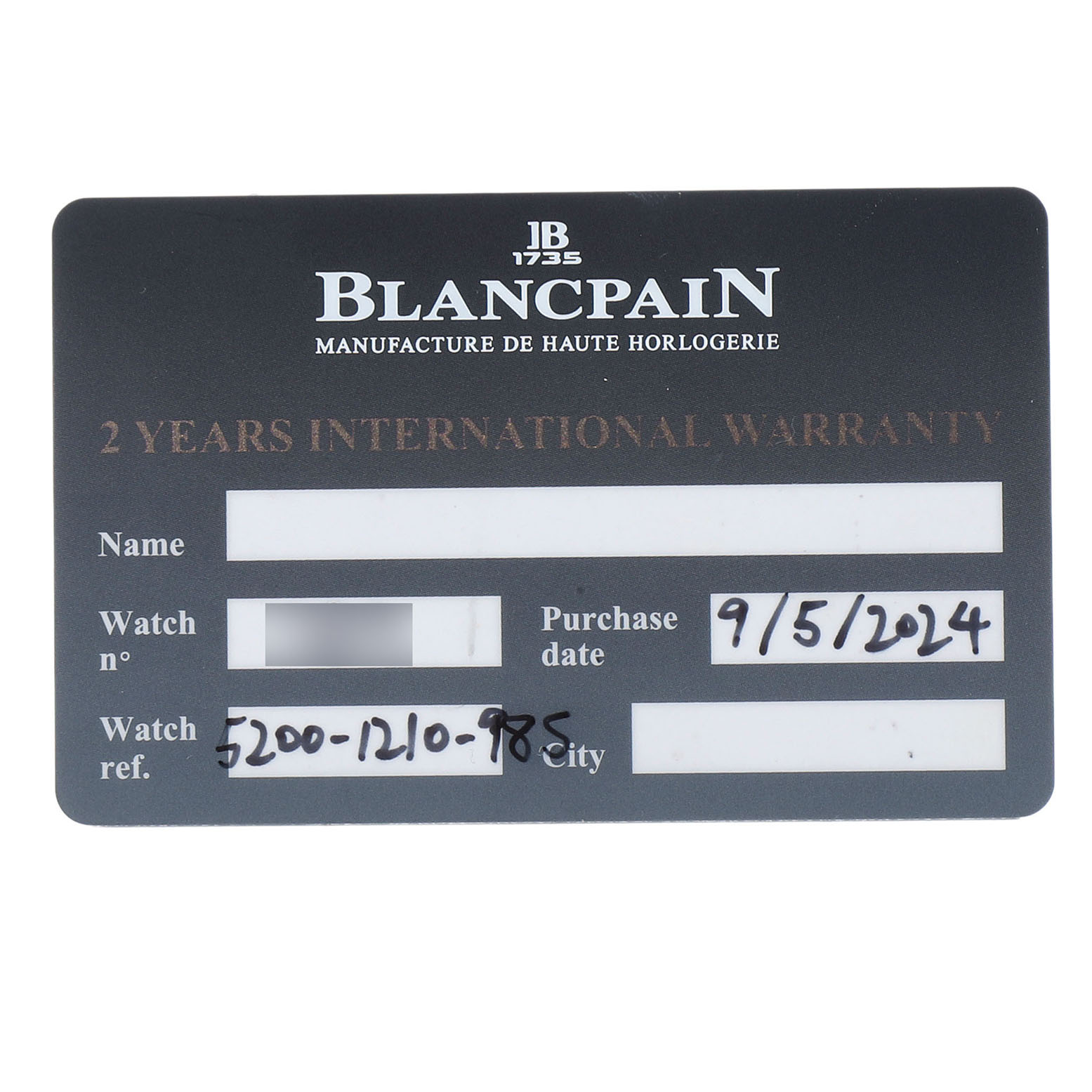 This image shows a Blancpain Fifty Fathoms 5200-1210-98S Men's Titanium Grey Dial warranty card with purchase details.