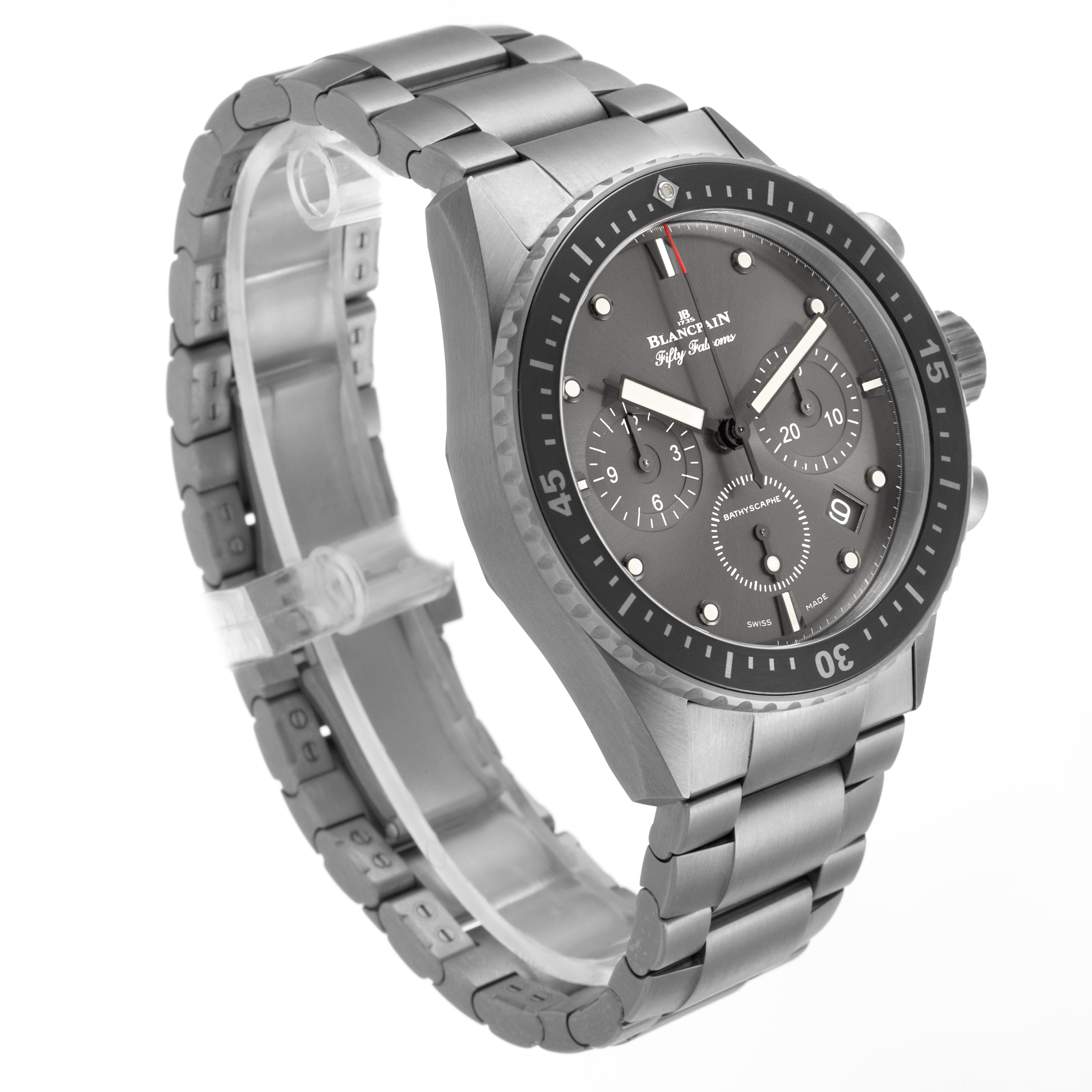 The Blancpain Fifty Fathoms 5200-1210-98S Men's Titanium Grey Dial watch is shown at a slight angle, highlighting the face, bezel, and metal bracelet.