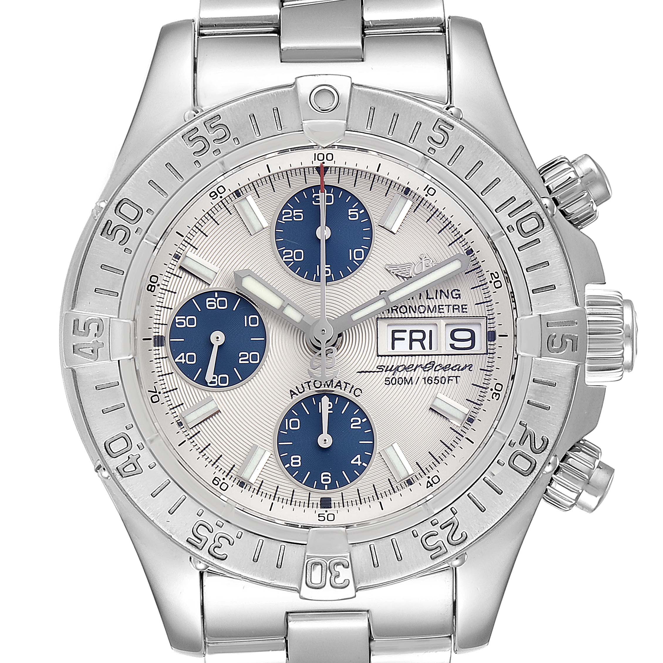 This image shows a front view of the Breitling Superocean A13340 Men's Stainless Steel Beige Dial A13340 Men's Stainless Steel Beige Dial watch, highlighting its dial, bezel, and chronograph subdials.