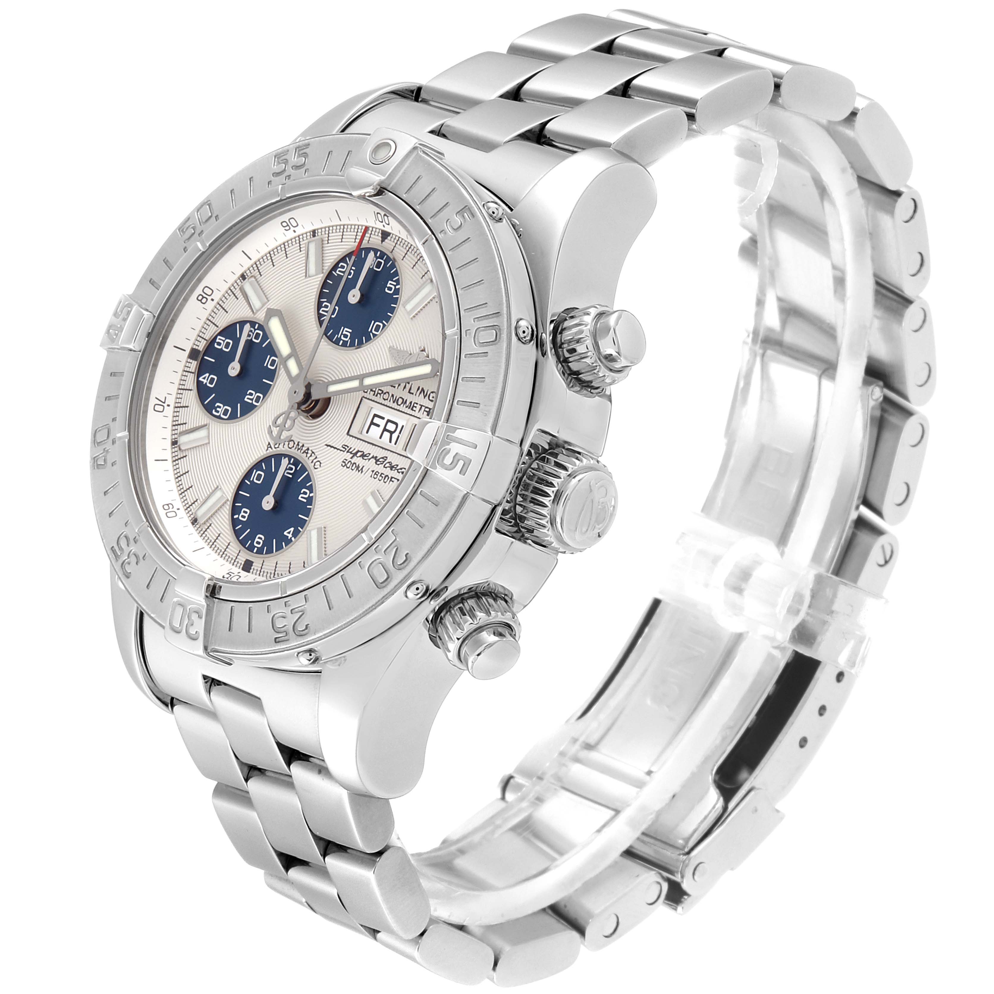 The Breitling Superocean A13340 Men's Stainless Steel Beige Dial A13340 Men's Stainless Steel Beige Dial watch is shown at a three-quarter angle, displaying the face, bezel, and metal bracelet.