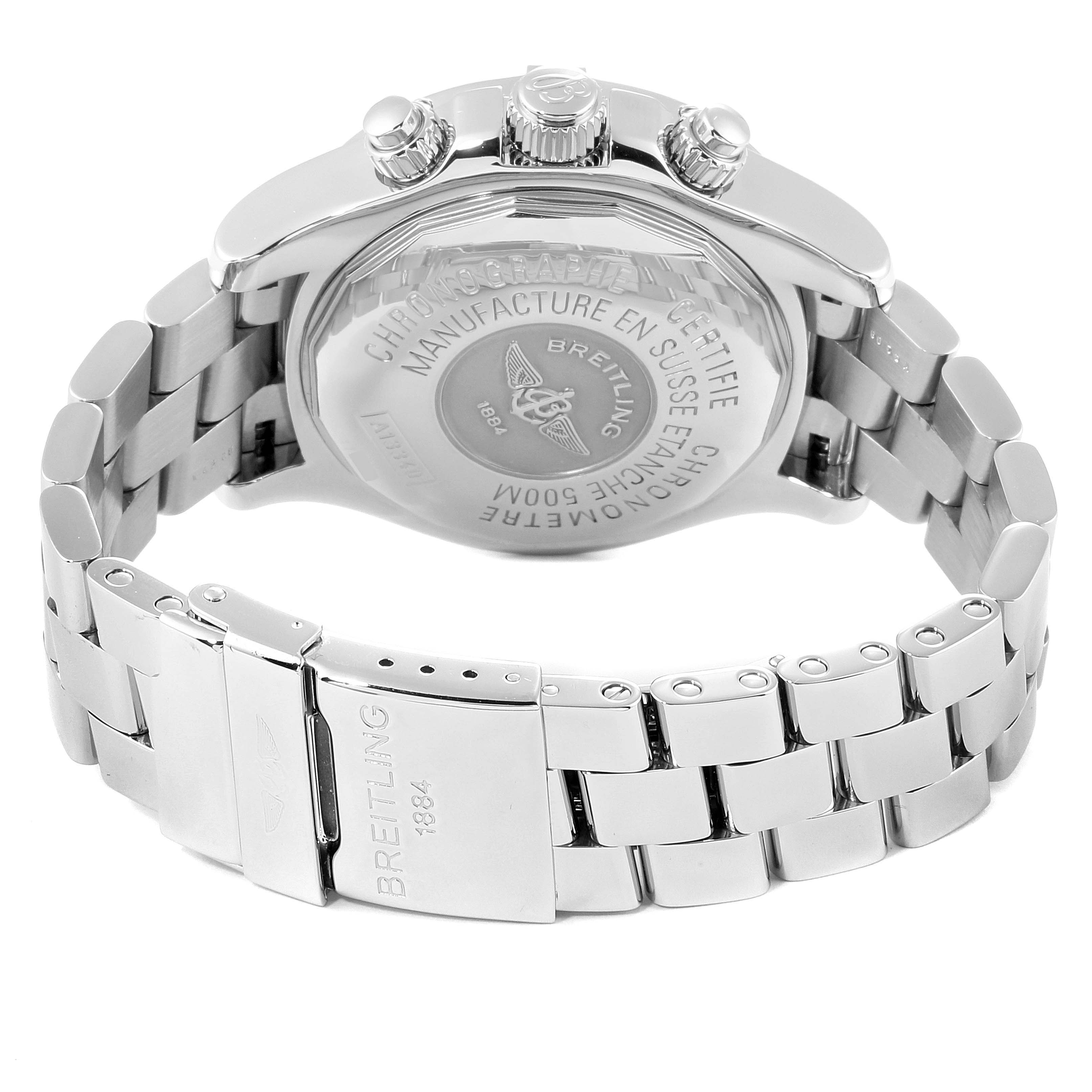 The image shows the back case and part of the metal bracelet of a Breitling Superocean A13340 Men's Stainless Steel Beige Dial A13340 Men's Stainless Steel Beige Dial watch.