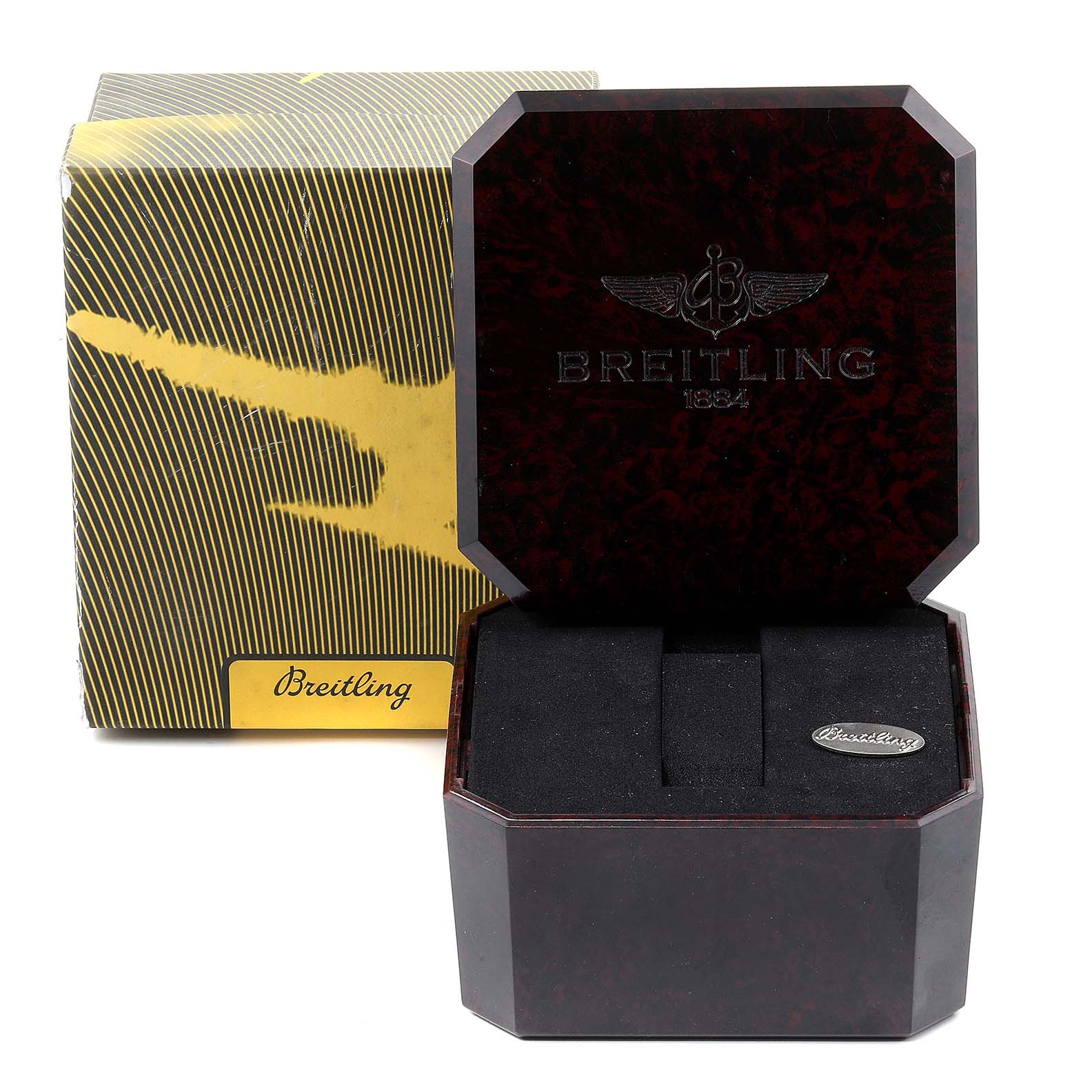 The image shows the open box and outer packaging for a Breitling Superocean A13340 Men's Stainless Steel Beige Dial A13340 Men's Stainless Steel Beige Dial watch.