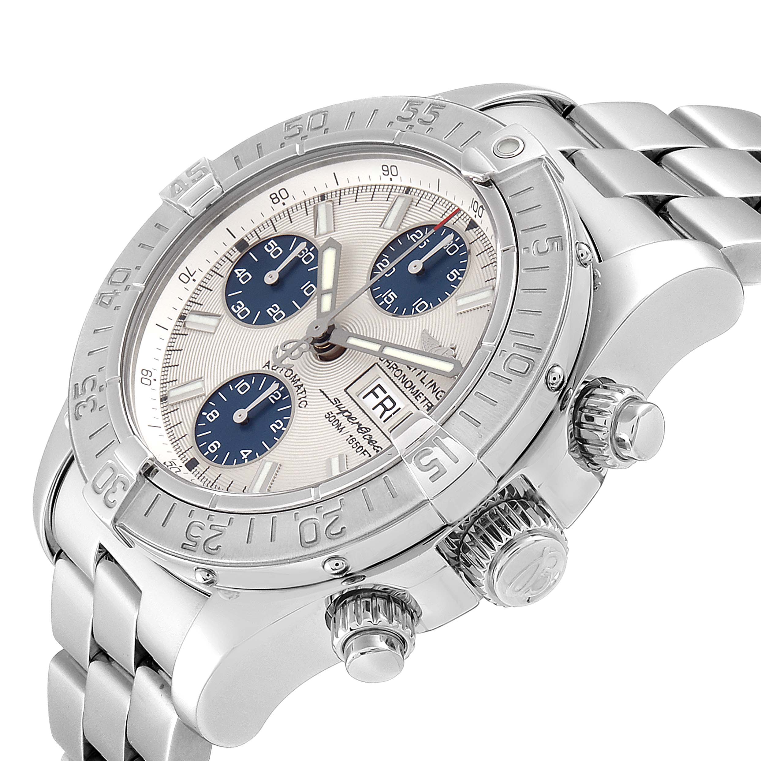 This image shows a close-up, side angle of the Breitling Superocean A13340 Men's Stainless Steel Beige Dial A13340 Men's Stainless Steel Beige Dial watch, highlighting its bezel, crown, push buttons, and bracelet.