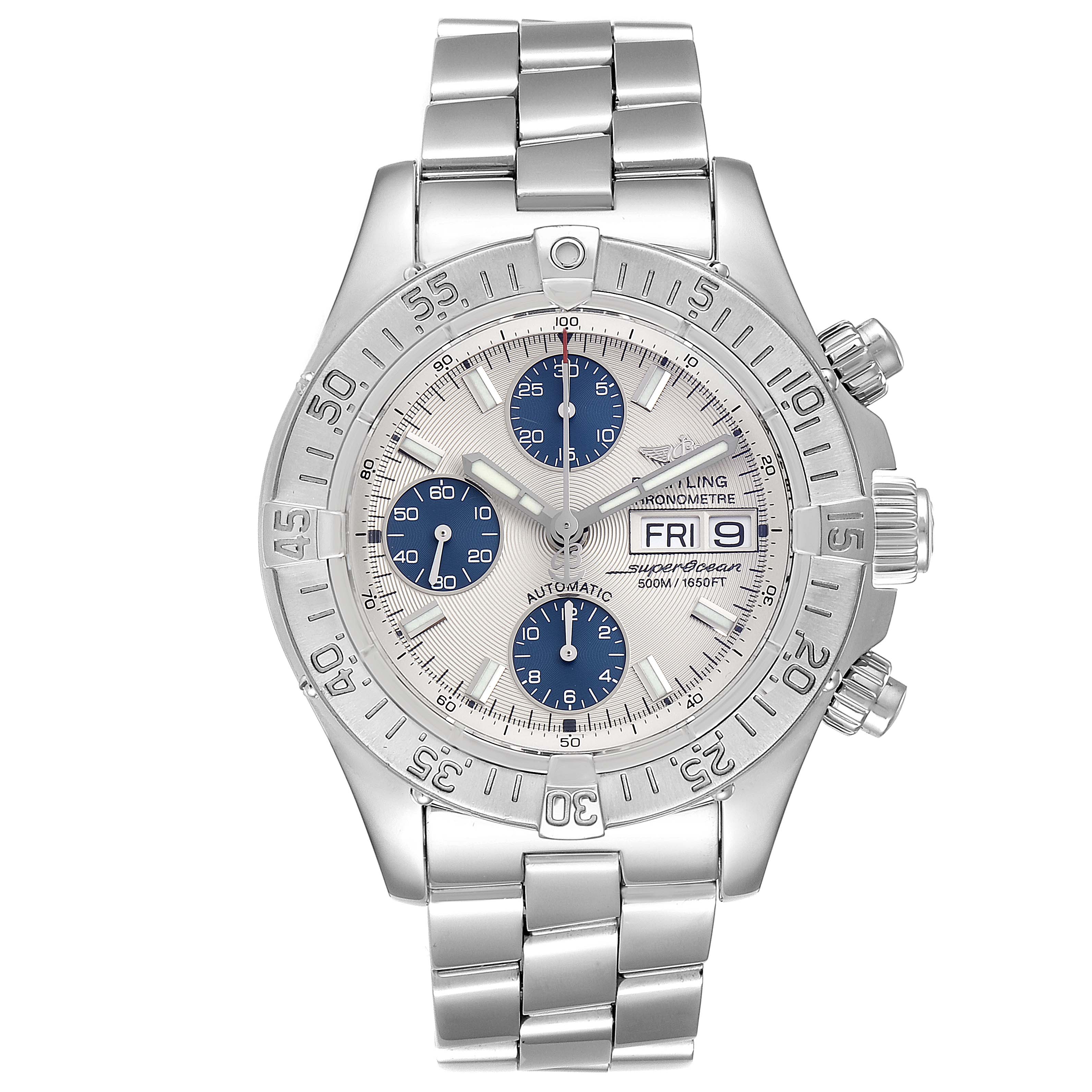 This Breitling Superocean A13340 Men's Stainless Steel Beige Dial A13340 Men's Stainless Steel Beige Dial watch is shown from the front, highlighting its dial, bezel, and silver metal bracelet.