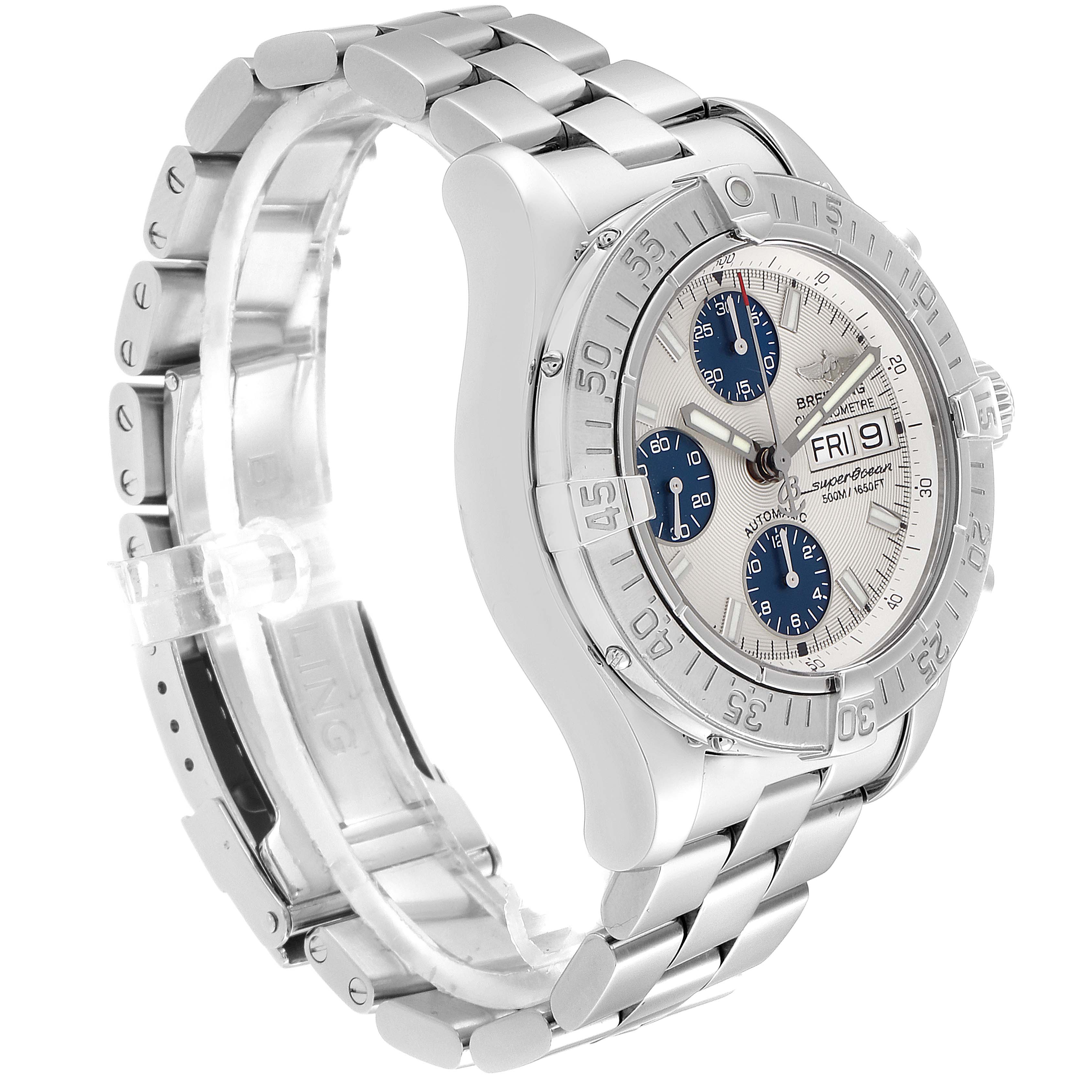 The image shows a Breitling Superocean A13340 Men's Stainless Steel Beige Dial A13340 Men's Stainless Steel Beige Dial model watch angled from the front side, displaying its dial, bezel, and metal bracelet.