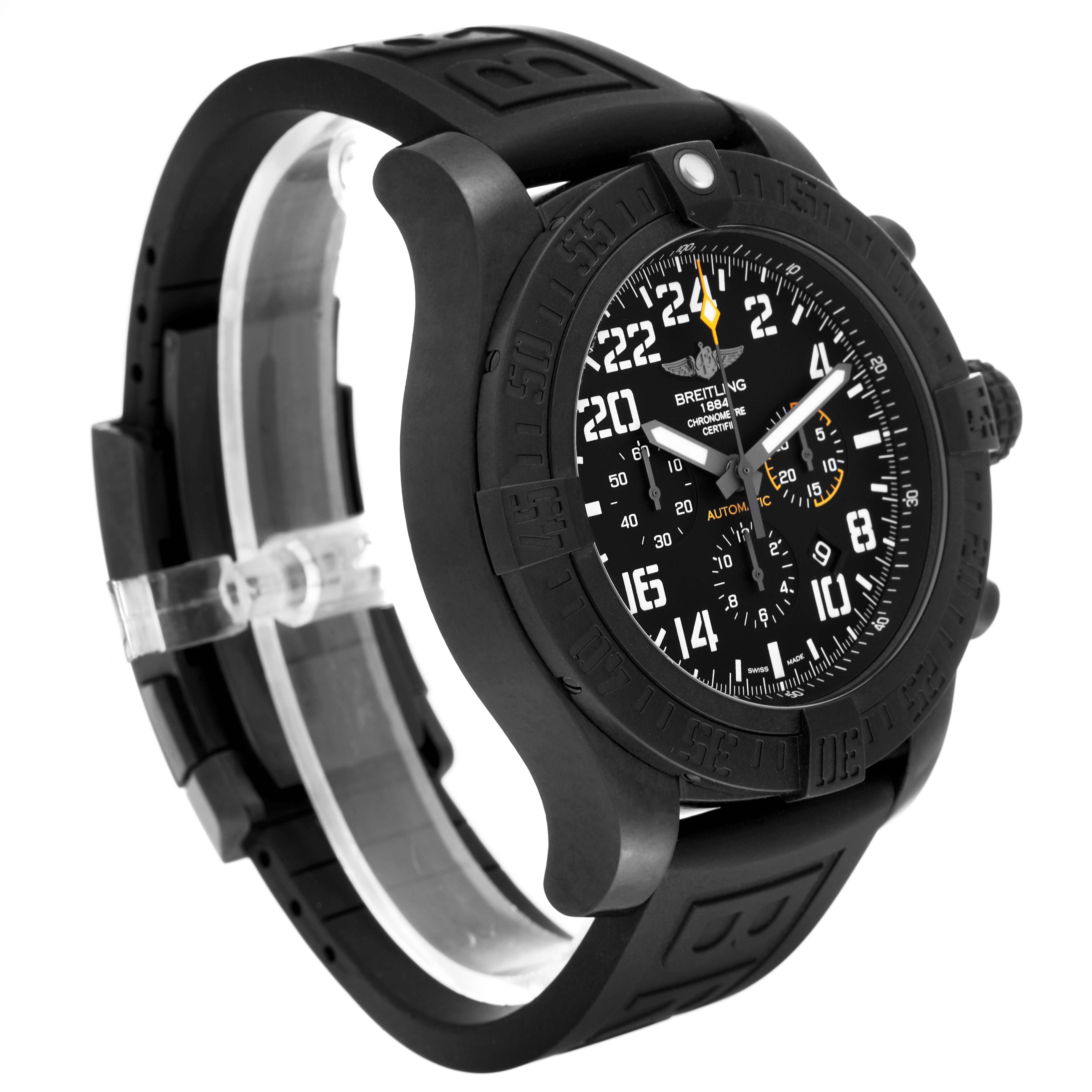 The image shows a Breitling Avenger XB1210E41B1S1 Men's Titanium Black Dial XB1210E41B1S1 Men's Titanium Black Dial watch at a 3/4 angle, highlighting its round dial, bezel, and black rubber strap.