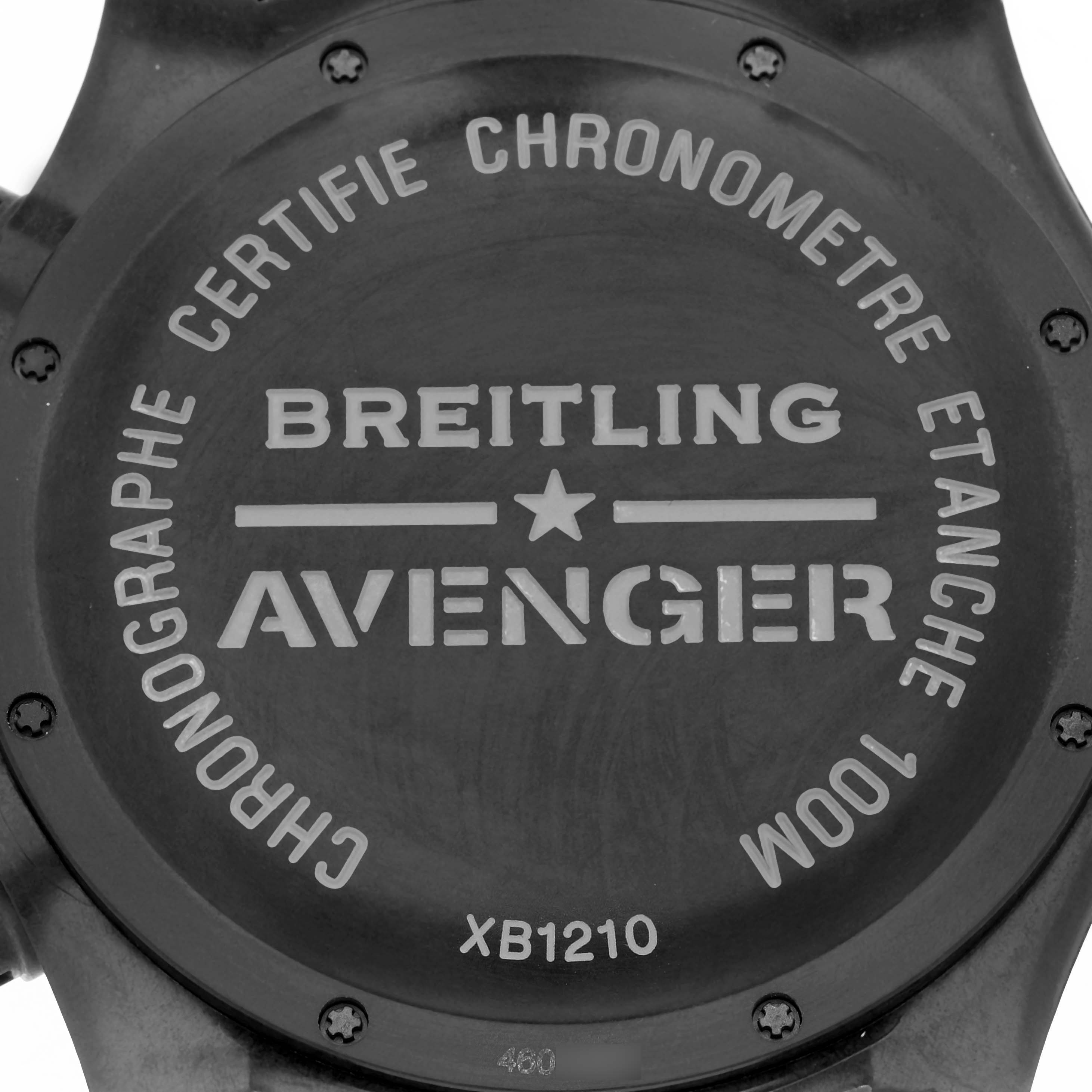 The image shows the back casing of a Breitling Avenger XB1210E41B1S1 Men's Titanium Black Dial XB1210E41B1S1 Men's Titanium Black Dial model watch with branding and technical engravings.