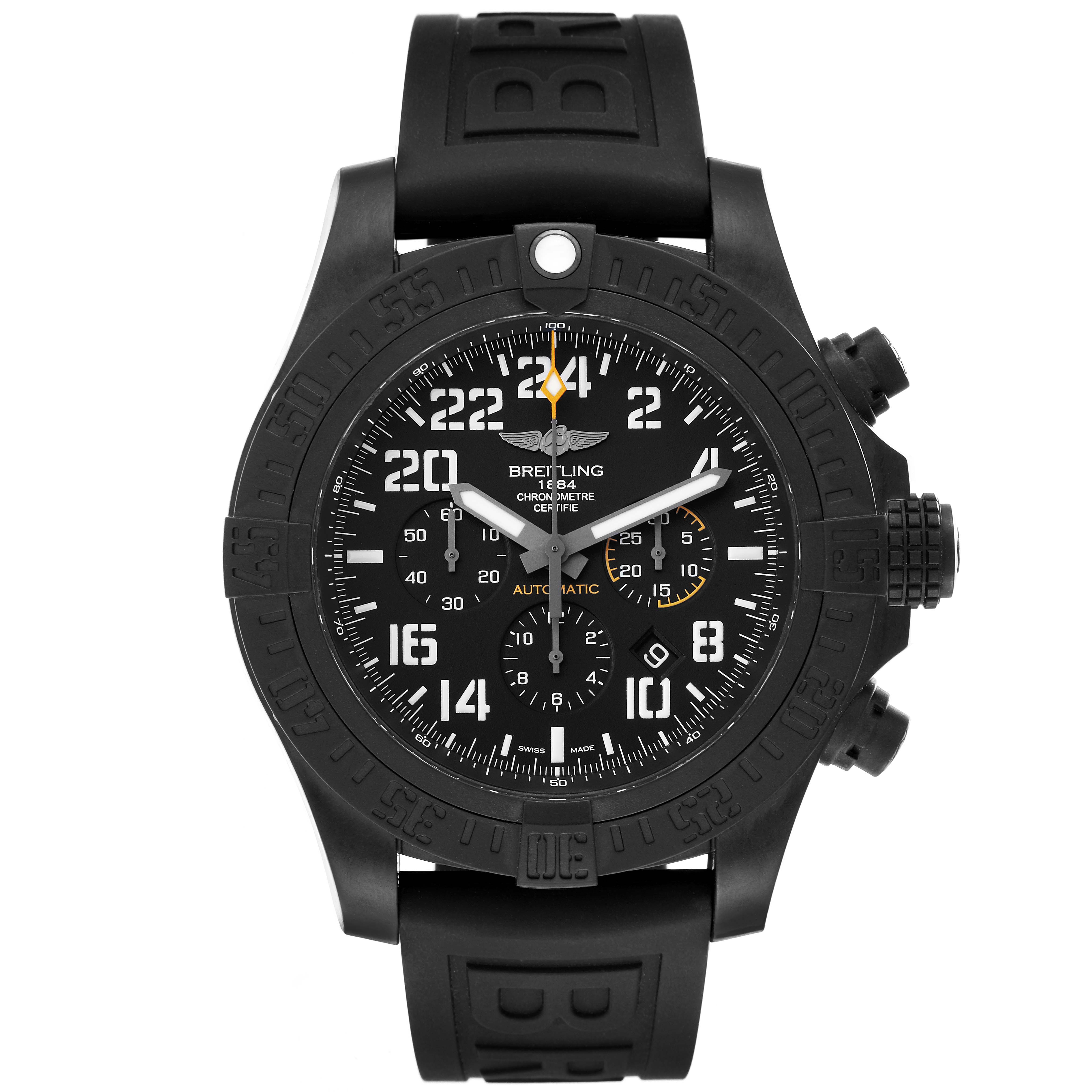 The image shows a frontal view of a Breitling Avenger XB1210E41B1S1 Men's Titanium Black Dial XB1210E41B1S1 Men's Titanium Black Dial watch, showcasing its dial, bezel, and strap.