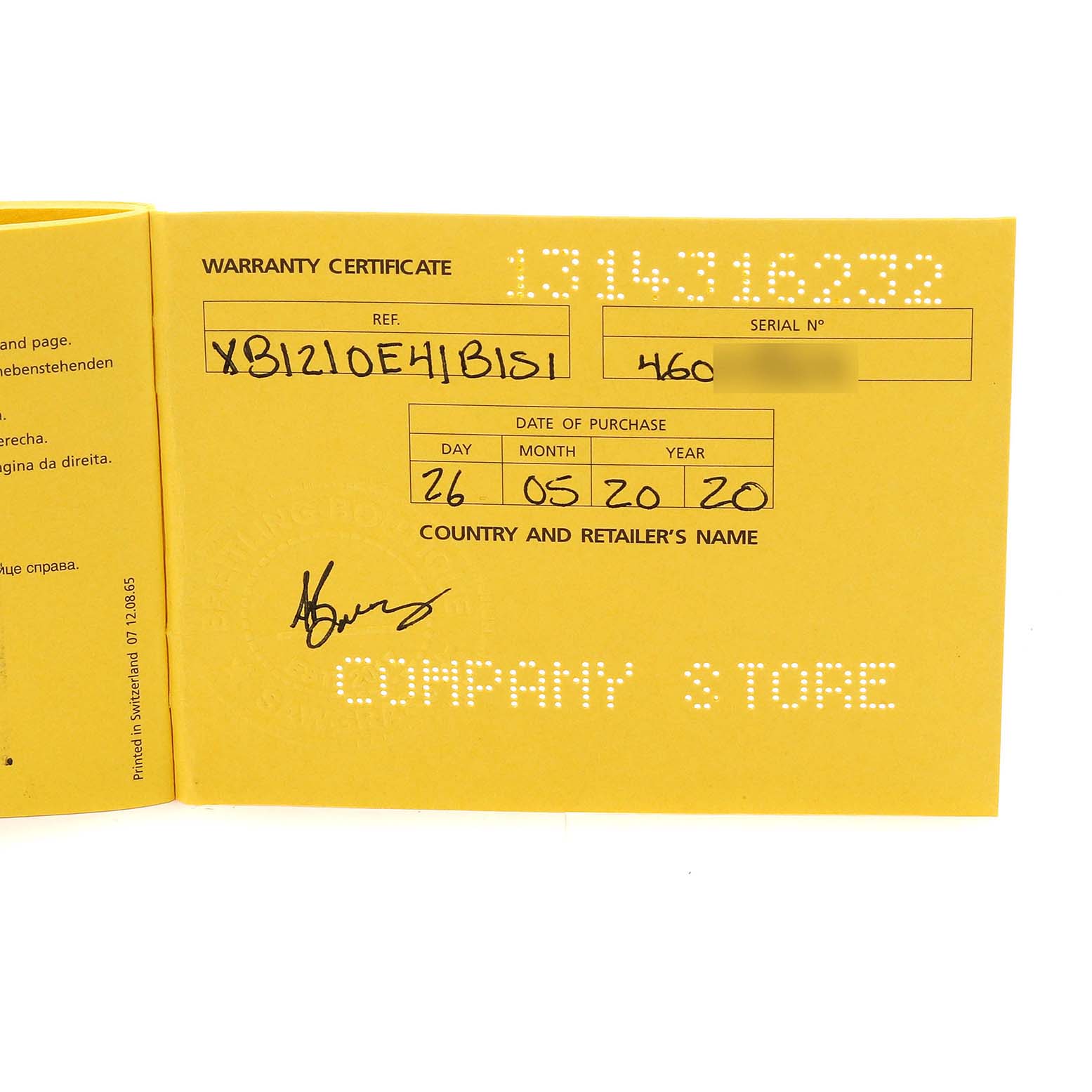 This image shows a warranty certificate for a Breitling Avenger XB1210E41B1S1 Men's Titanium Black Dial XB1210E41B1S1 Men's Titanium Black Dial watch, including the reference number and date of purchase.