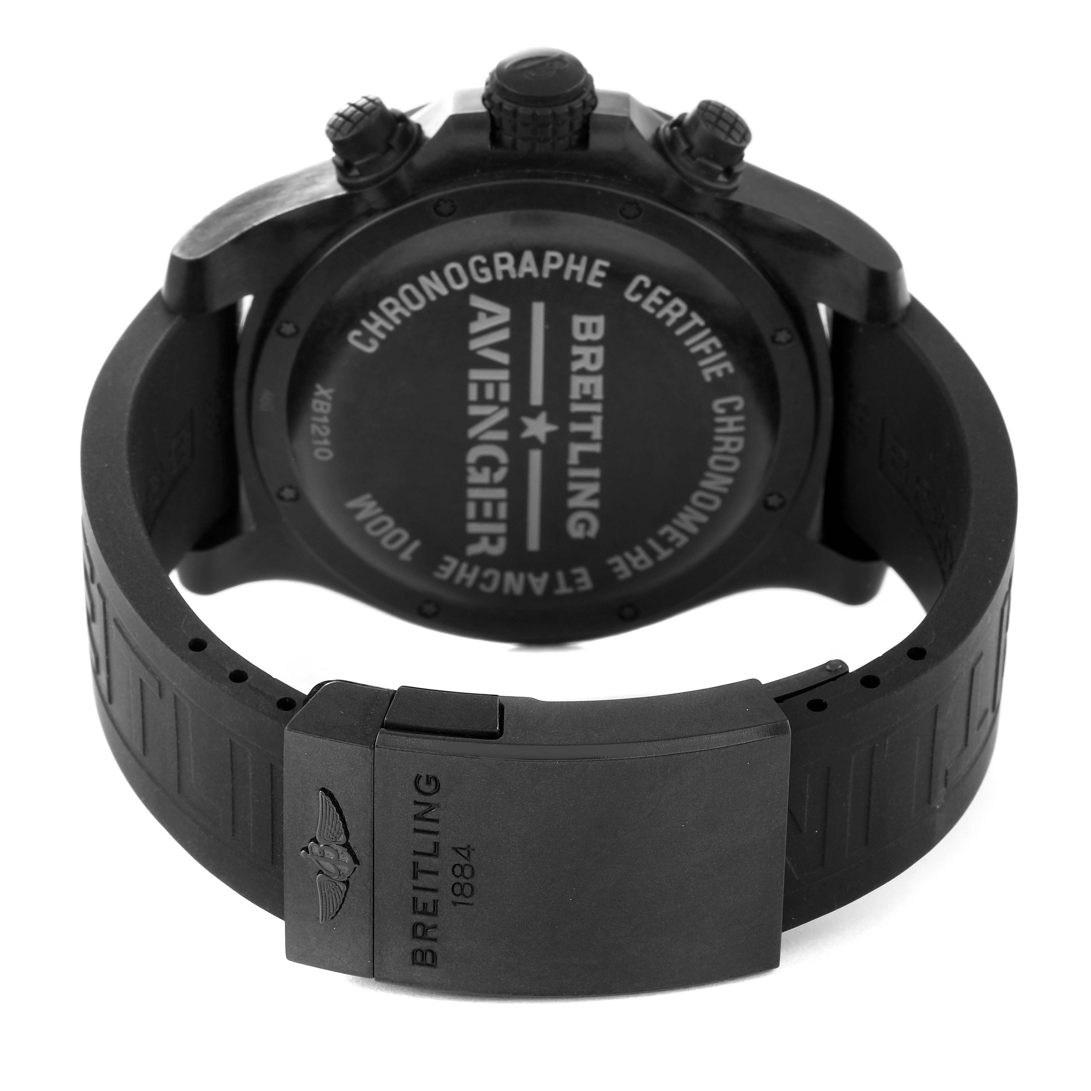 The image displays the backside of the Breitling Avenger XB1210E41B1S1 Men's Titanium Black Dial XB1210E41B1S1 Men's Titanium Black Dial watch, showcasing its case back and part of the strap with the clasp.
