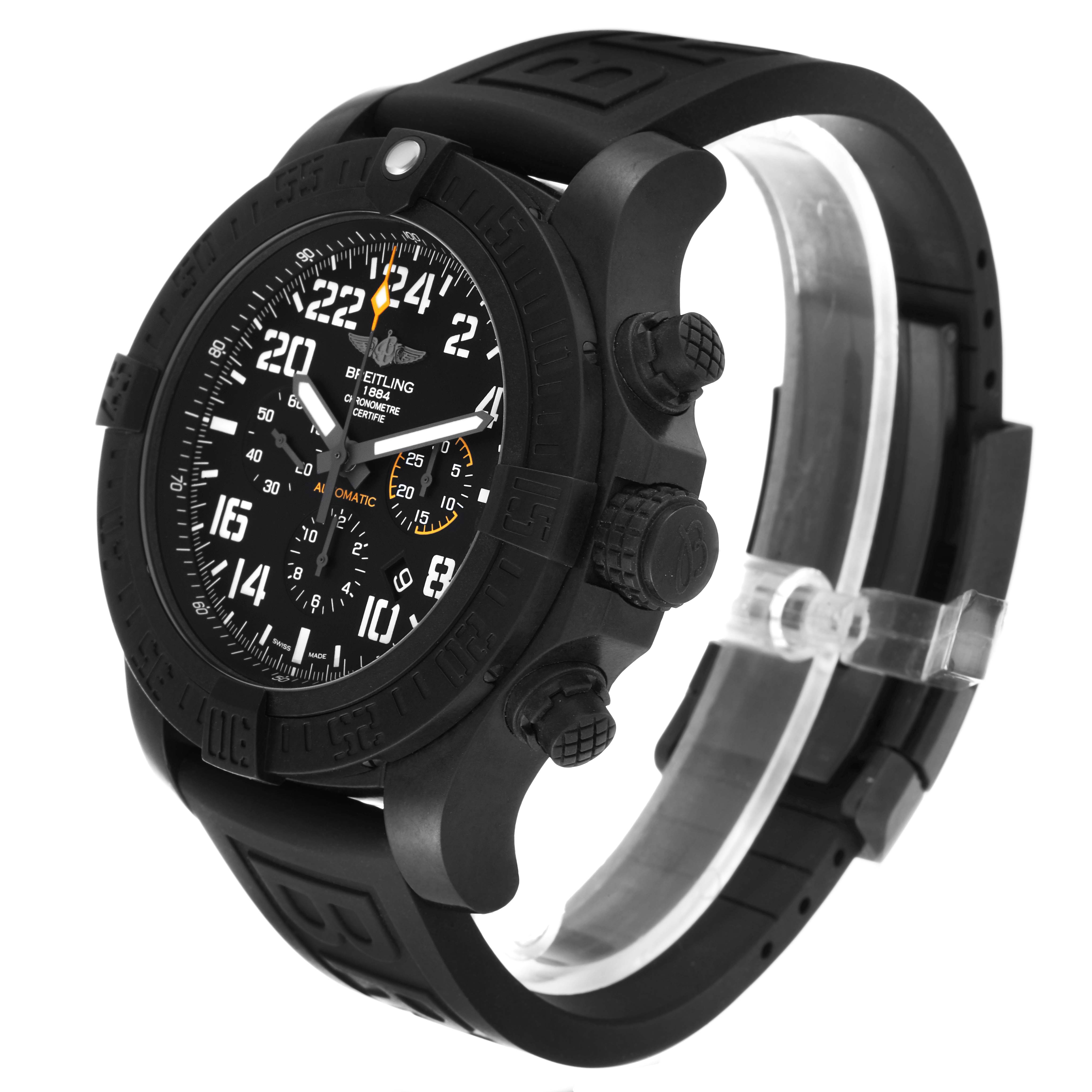 The Breitling Avenger XB1210E41B1S1 Men's Titanium Black Dial XB1210E41B1S1 Men's Titanium Black Dial watch is shown from an angled front-left view, highlighting the black dial, bezel, and rubber strap.