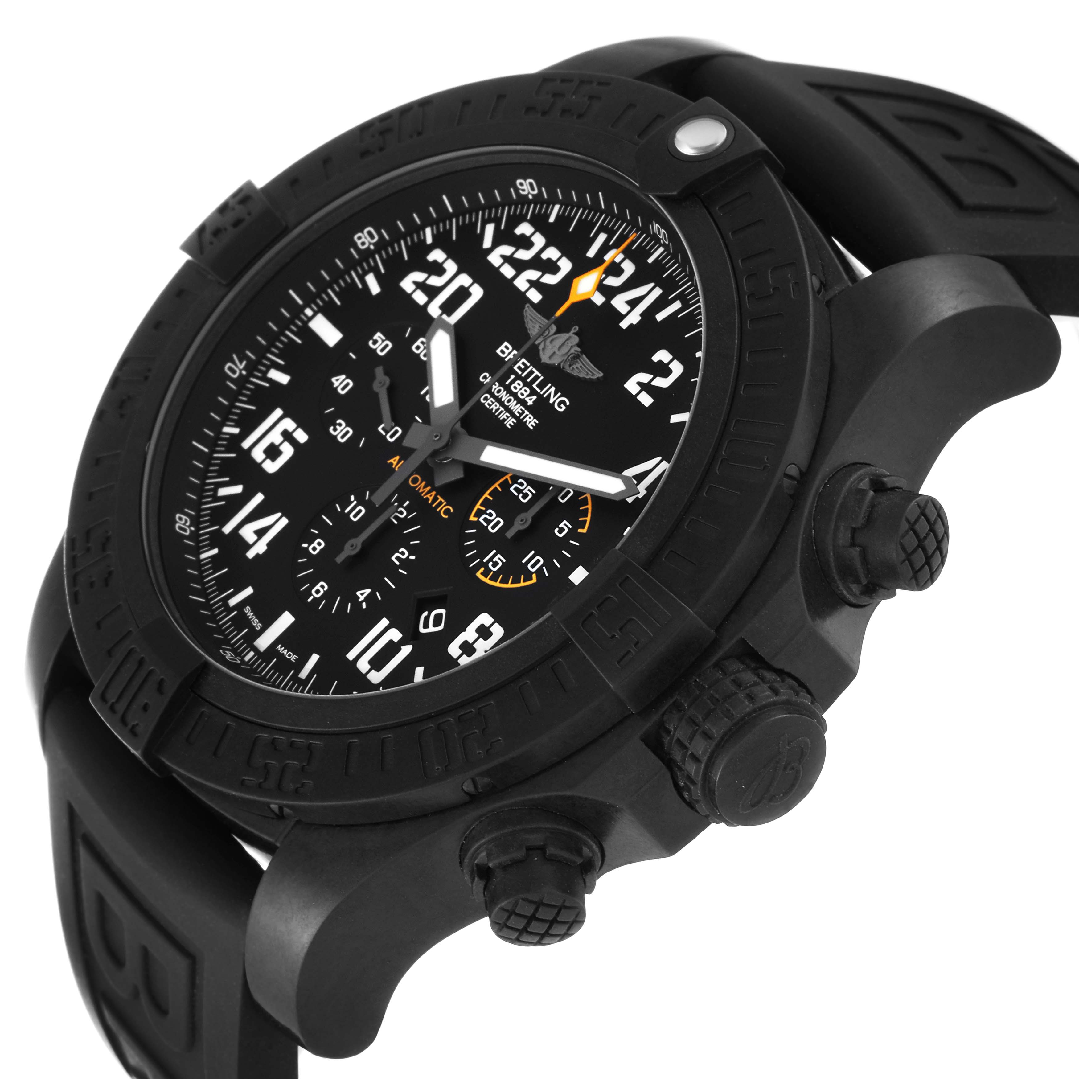 This image shows a close-up side angle of the Breitling Avenger XB1210E41B1S1 Men's Titanium Black Dial XB1210E41B1S1 Men's Titanium Black Dial watch, highlighting its bezel, dial, and push-buttons.