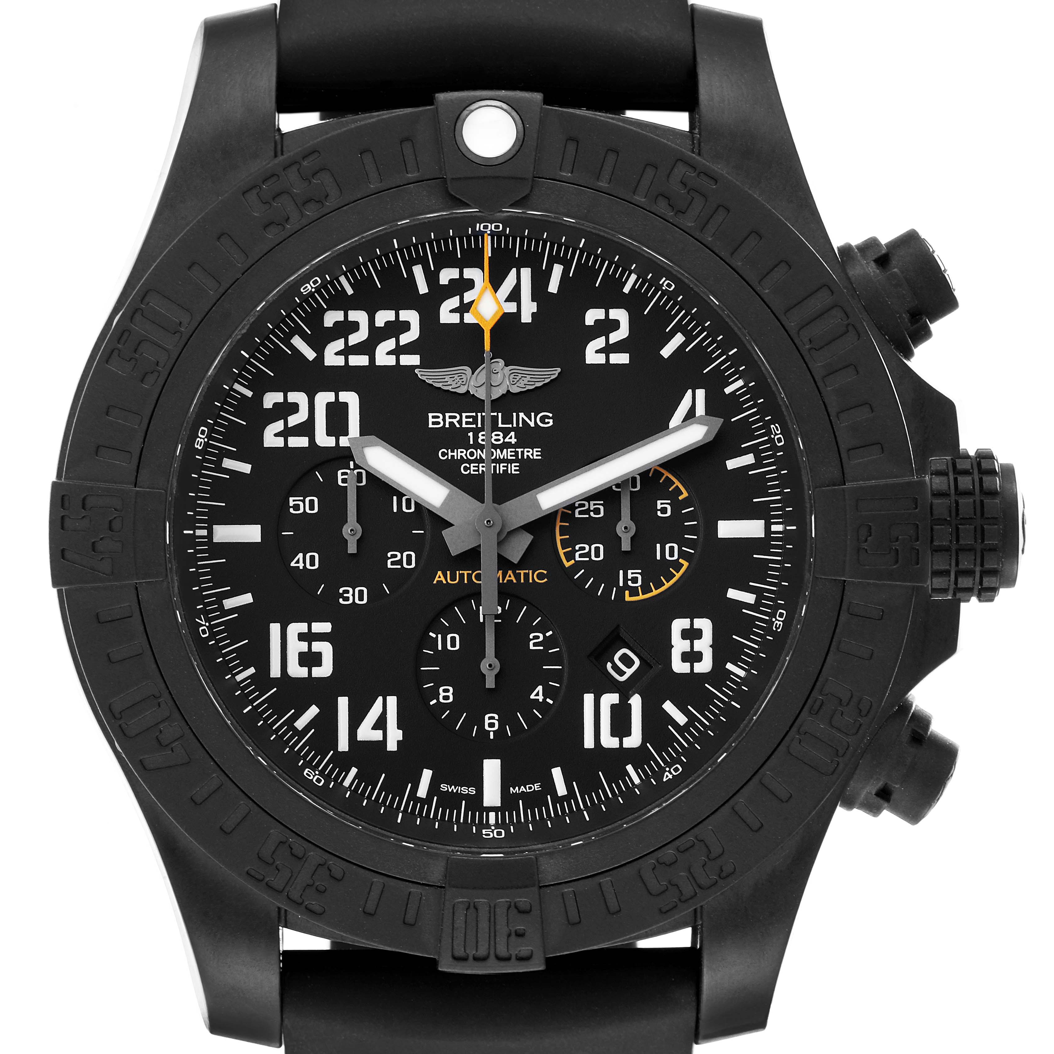 The image shows a front view of a Breitling Avenger XB1210E41B1S1 Men's Titanium Black Dial XB1210E41B1S1 Men's Titanium Black Dial watch displaying its black dial, chronograph sub-dials, and bezel.