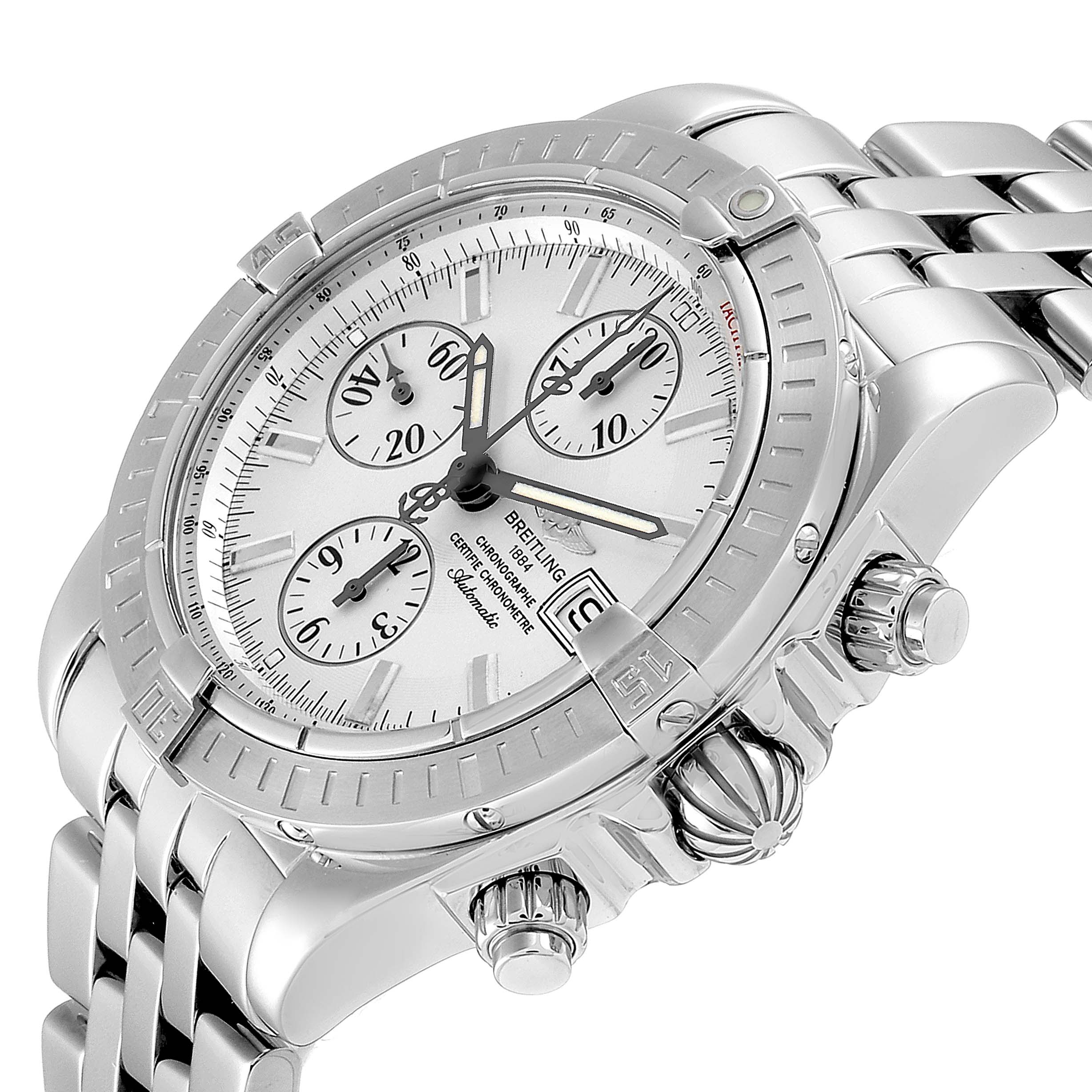 This image shows a close-up angle of the Breitling Chronomat A13356 Men's Stainless Steel Silver Dial A13356 Men's Stainless Steel Silver Dial watch, highlighting its dial, bezel, crown, and stainless steel bracelet.