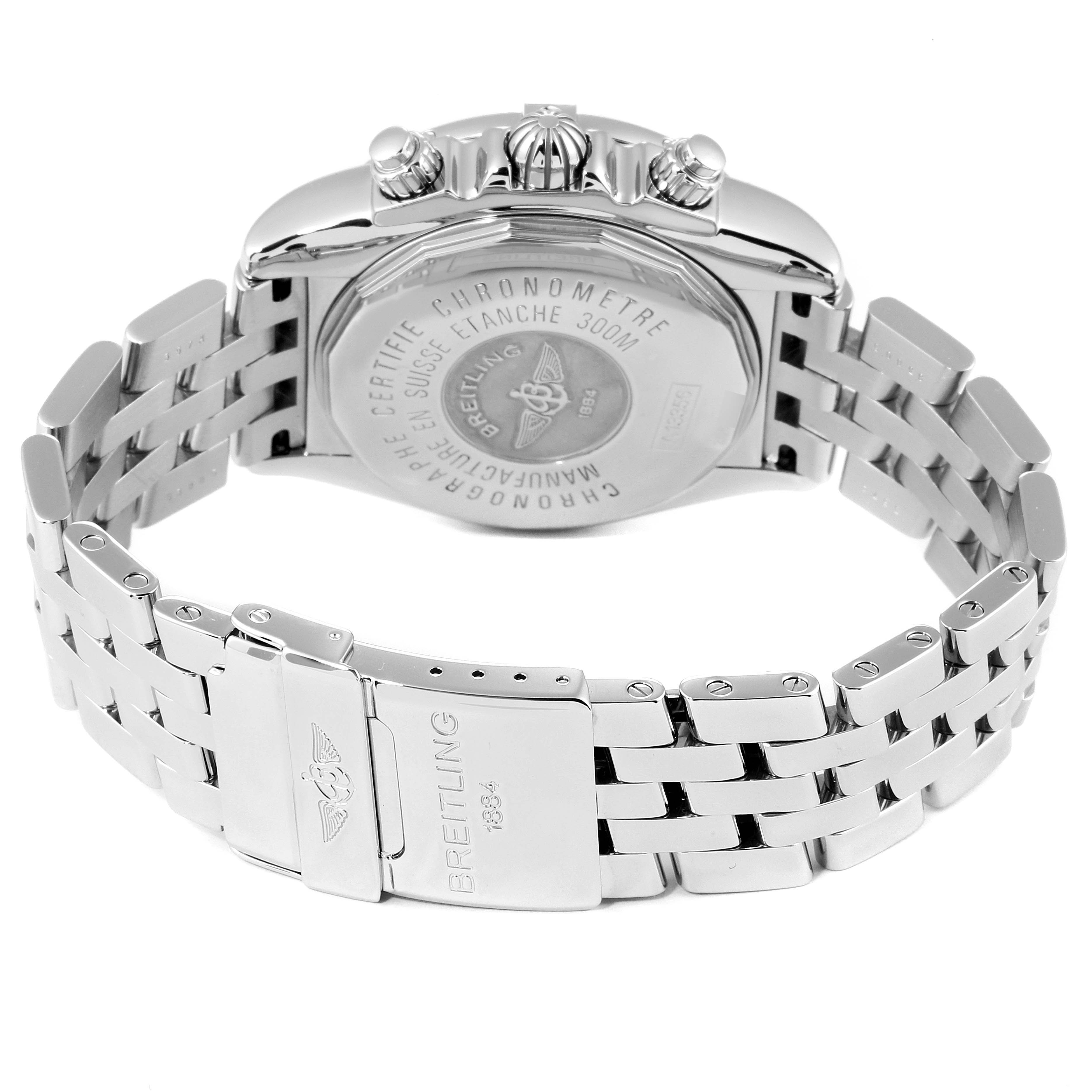 This image shows the back and bracelet of the Breitling Chronomat A13356 Men's Stainless Steel Silver Dial A13356 Men's Stainless Steel Silver Dial watch, focusing on the clasp and caseback details.