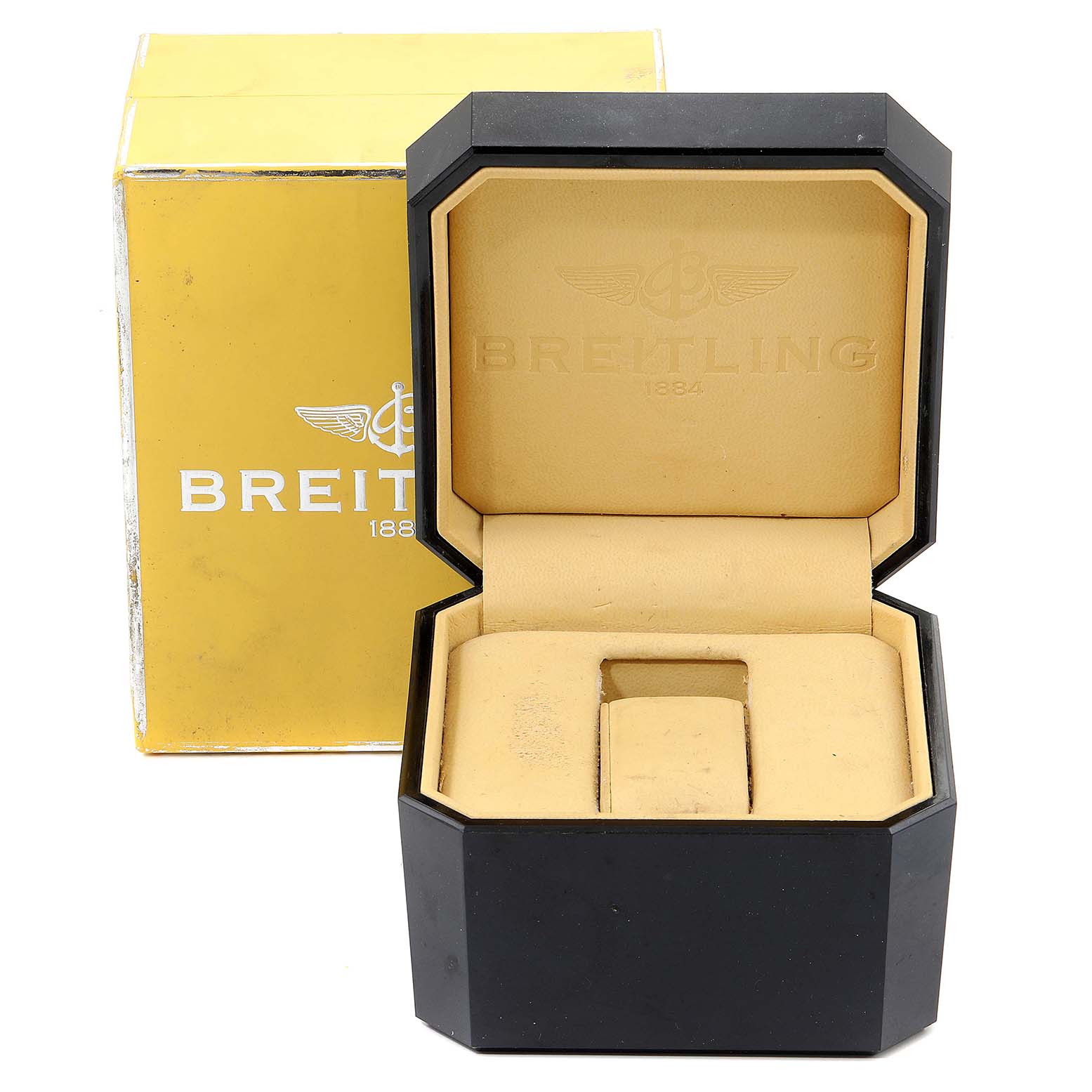 The image shows an open Breitling Chronomat A13356 Men's Stainless Steel Silver Dial A13356 Men's Stainless Steel Silver Dial watch box with a yellow outer box in the background.