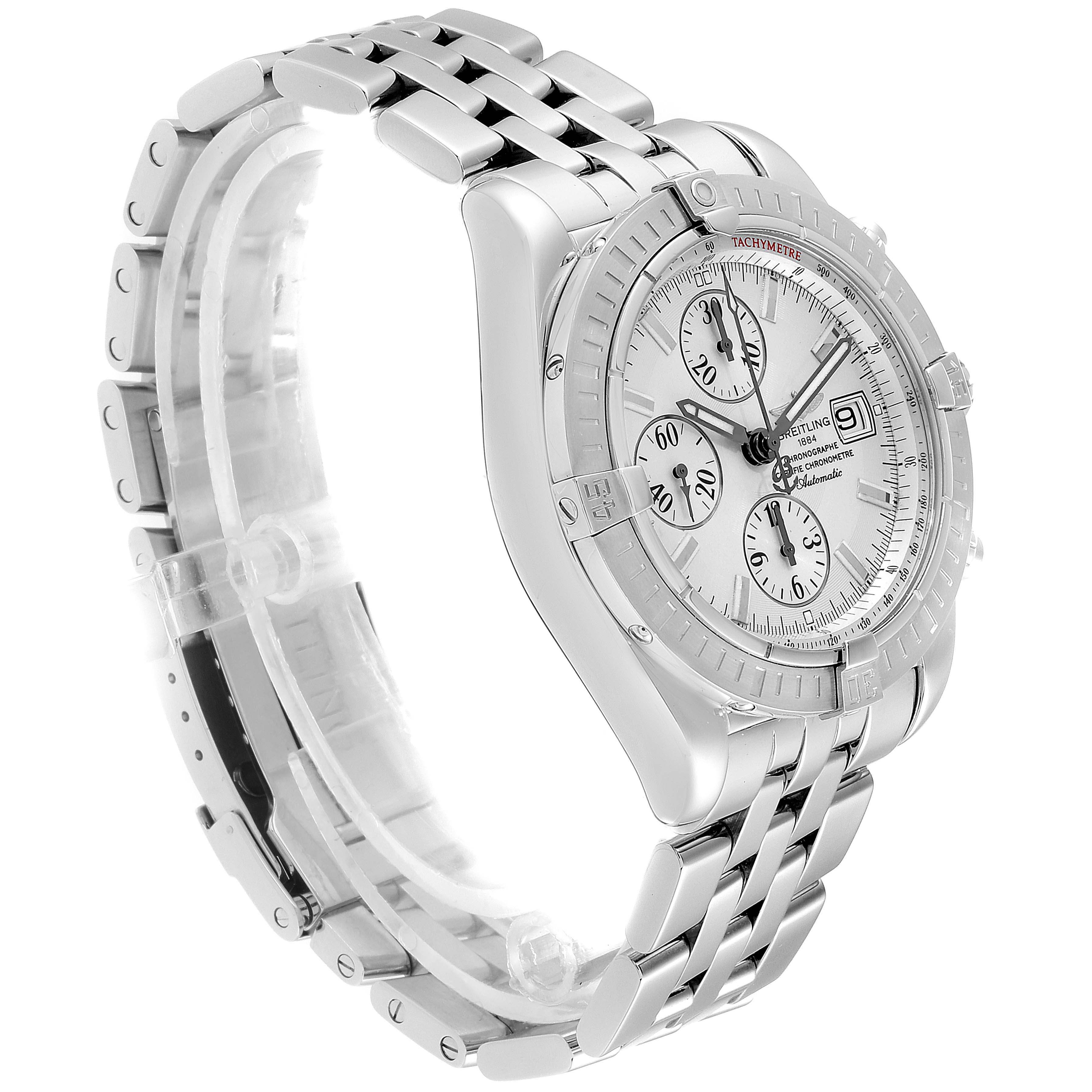 The image shows a side angle view of the Breitling Chronomat A13356 Men's Stainless Steel Silver Dial A13356 Men's Stainless Steel Silver Dial watch, highlighting its case, bezel, dial, and bracelet.