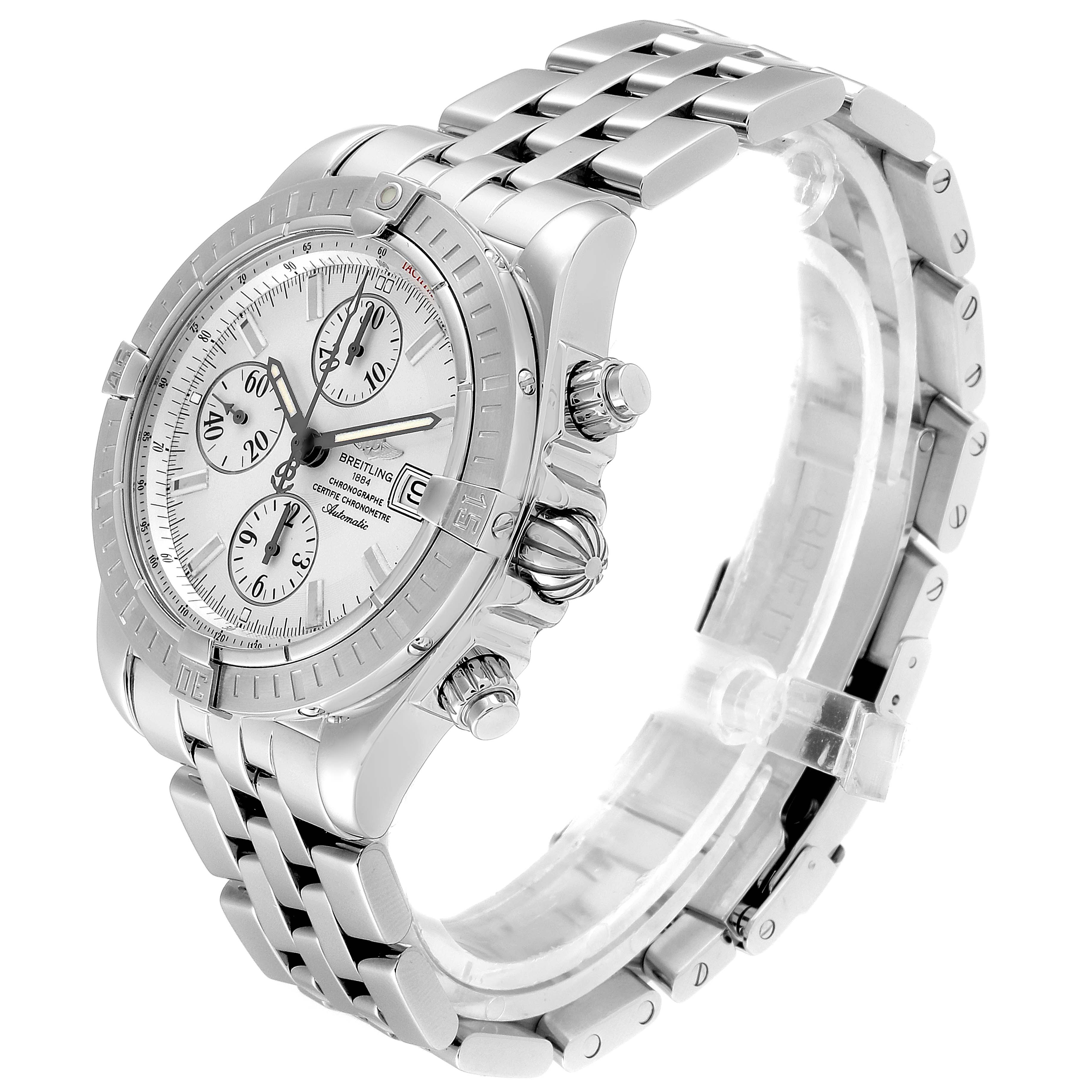 The Breitling Chronomat A13356 Men's Stainless Steel Silver Dial A13356 Men's Stainless Steel Silver Dial watch is shown at a slight angle displaying the bezel, dial, subdials, crown, and bracelet.