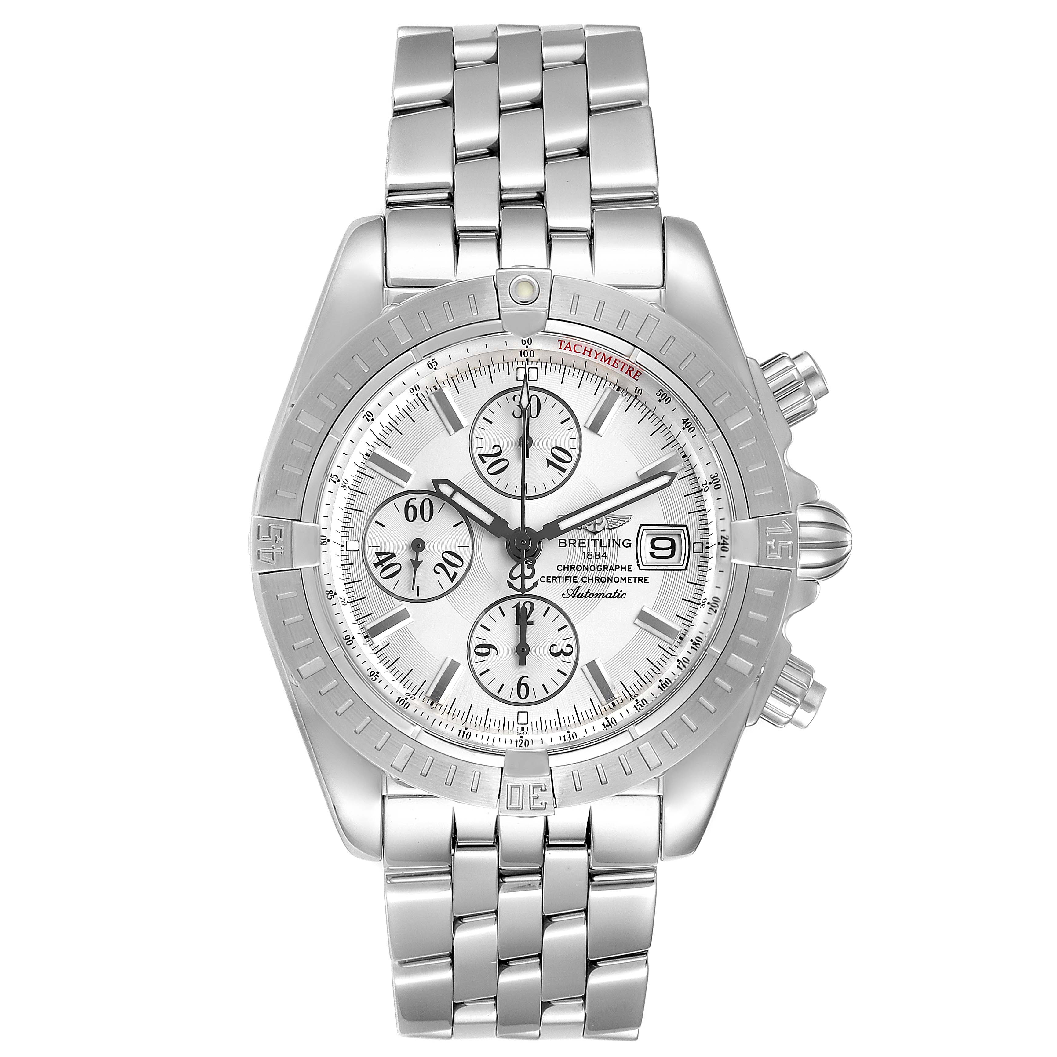 The image shows a front view of the Breitling Chronomat A13356 Men's Stainless Steel Silver Dial A13356 Men's Stainless Steel Silver Dial watch, displaying its face, bezel, chronograph, and bracelet.