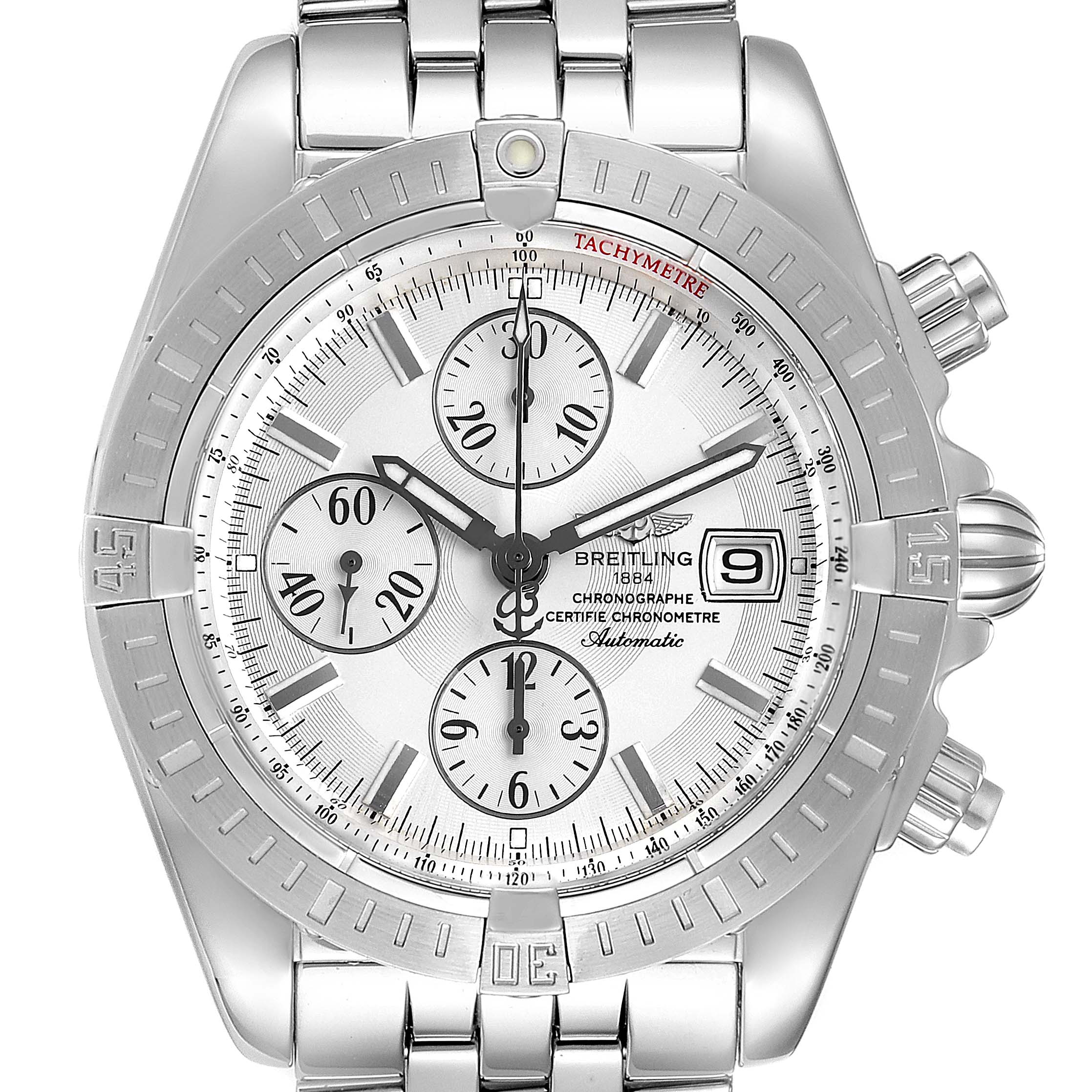 The image shows a front view of a Breitling Chronomat A13356 Men's Stainless Steel Silver Dial A13356 Men's Stainless Steel Silver Dial watch, highlighting its dial, chronograph subdials, bracelet, and tachymeter bezel.