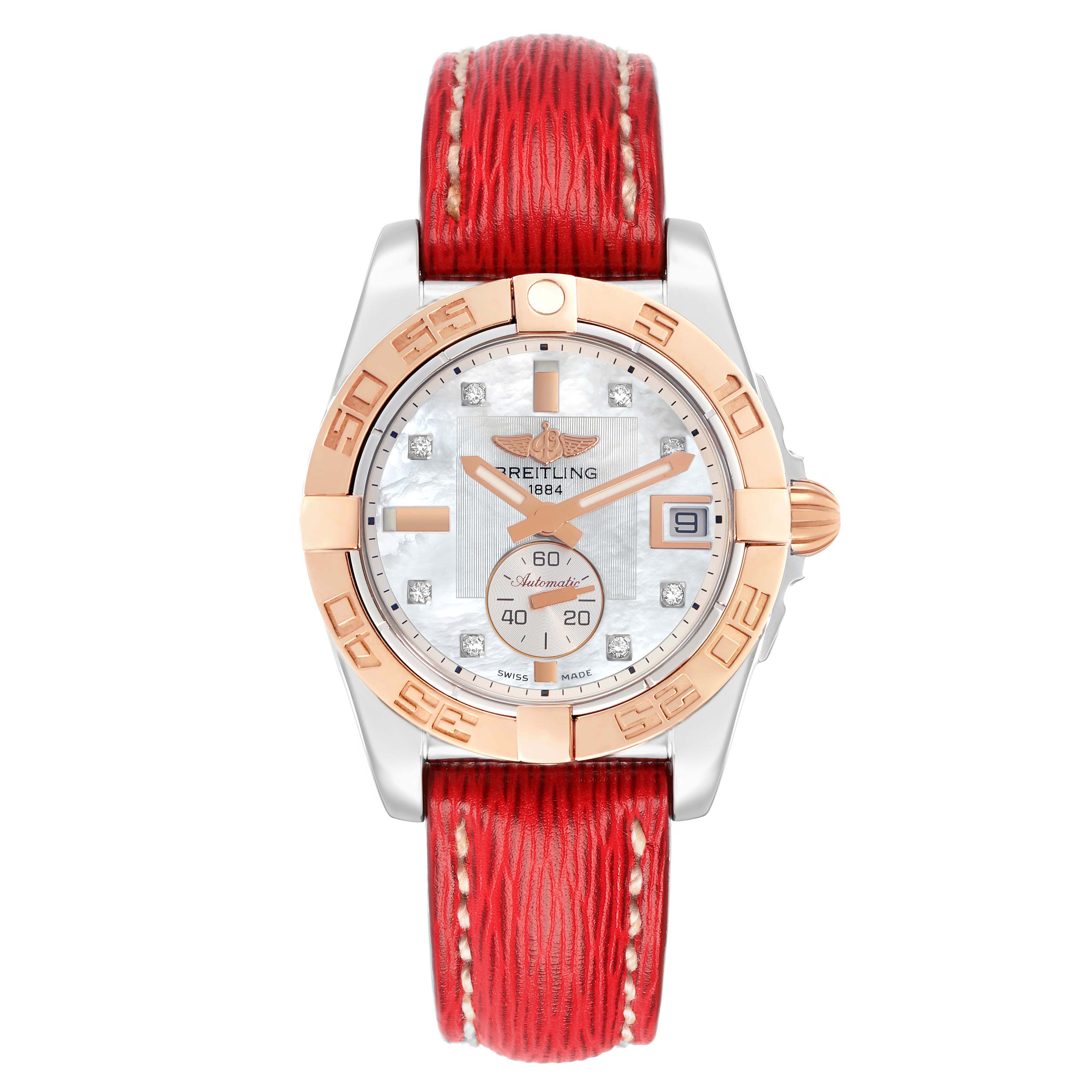 The Breitling Galactic C37330 Men
s Steel and Gold (two tone) Mother of Pearl Dial watch is shown from a front angle, highlighting the dial, bezel, and red leather strap.