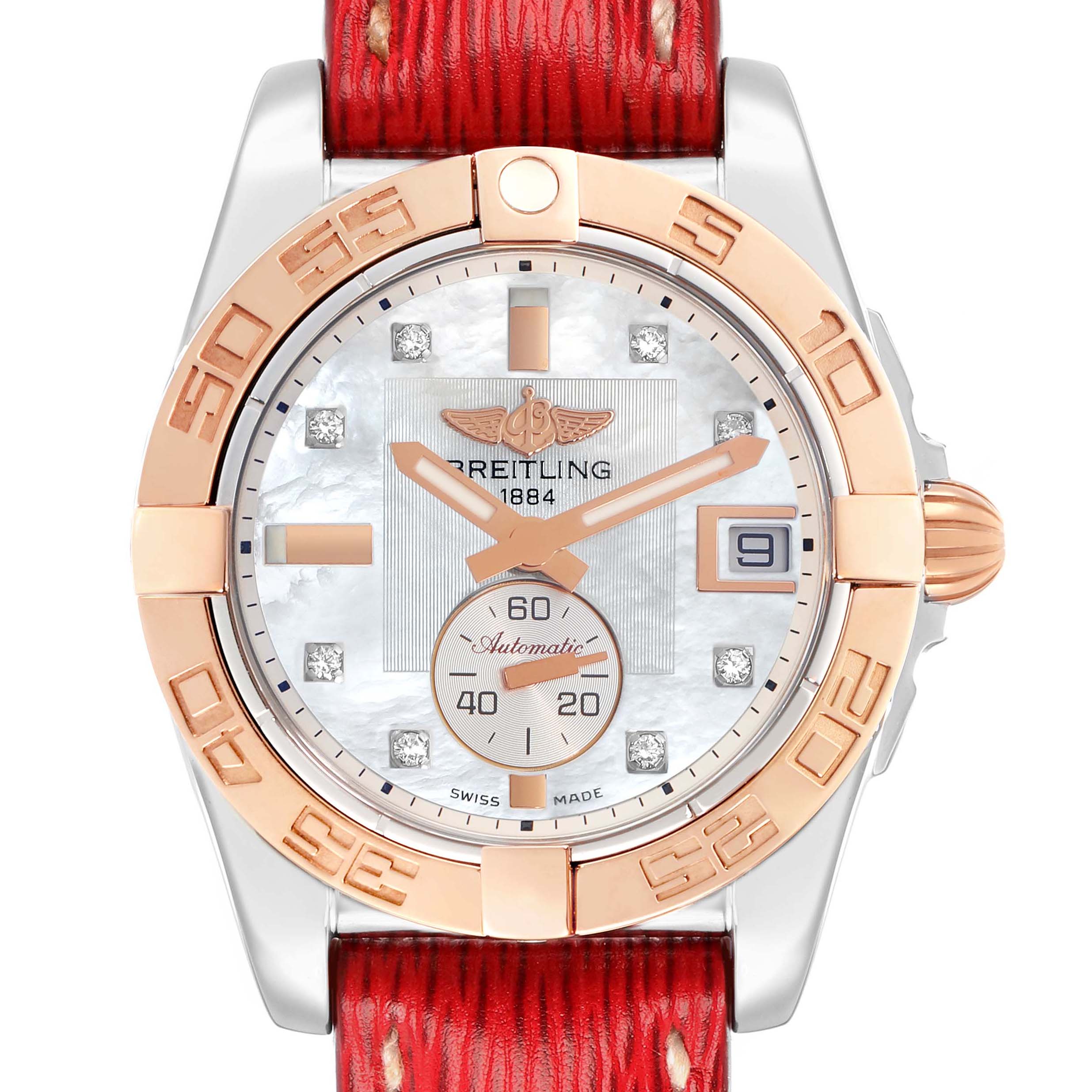 The image shows a front view of a Breitling Galactic C37330 Men
s Steel and Gold (two tone) Mother of Pearl Dial watch, highlighting its face, bezel, and part of the strap.