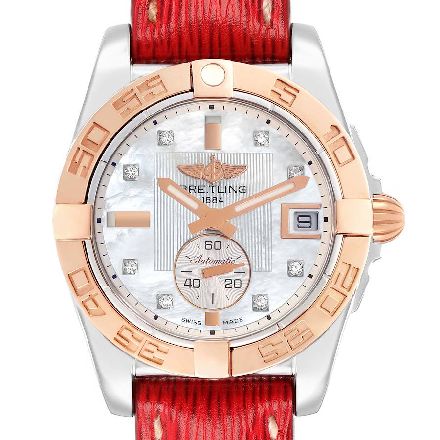 The image shows a front view of a Breitling Galactic C37330 Men
s Steel and Gold (two tone) Mother of Pearl Dial watch, highlighting its face, bezel, and part of the strap.