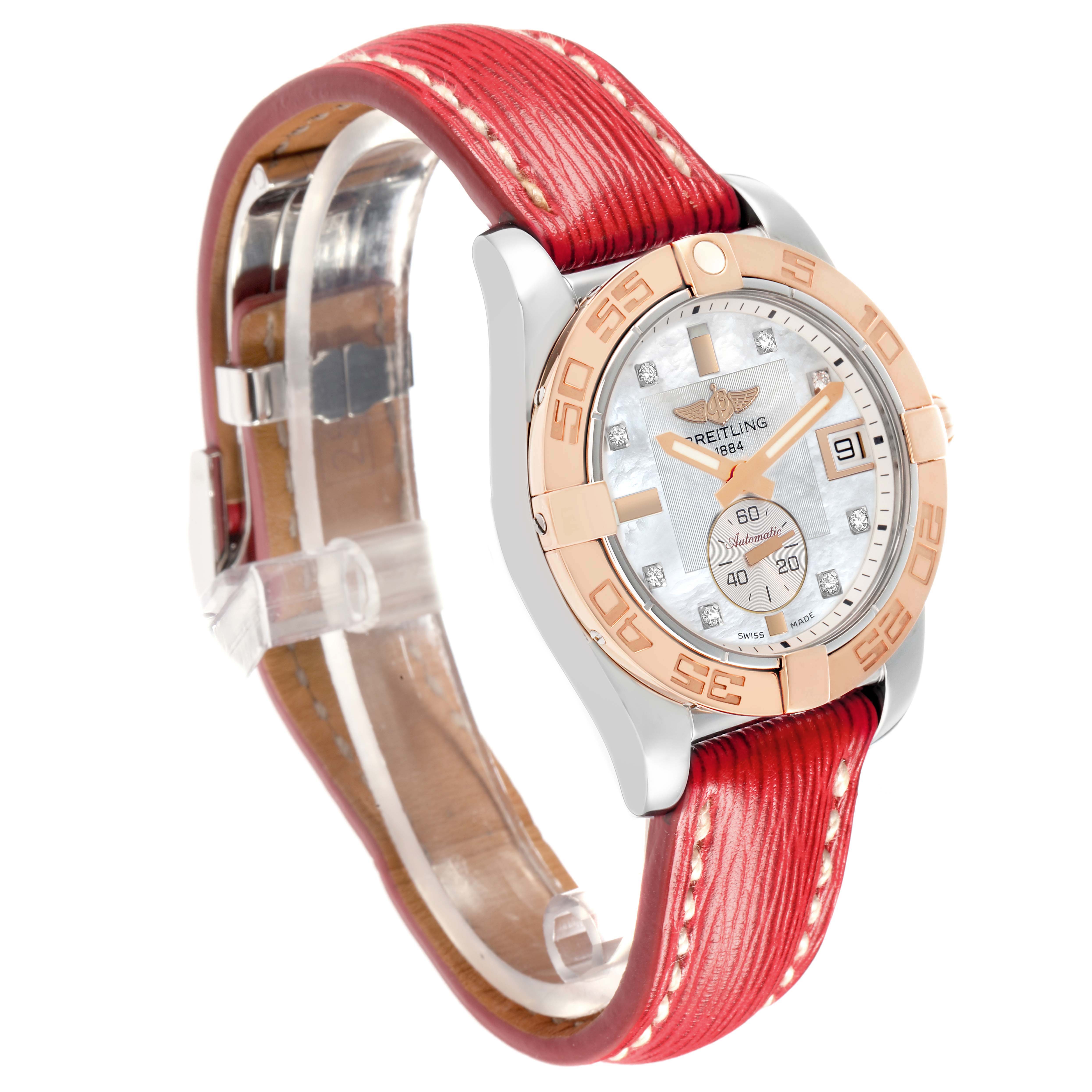 The Breitling Galactic C37330 Men
s Steel and Gold (two tone) Mother of Pearl Dial watch is shown at a three-quarter angle, displaying the face, bezel, and red leather strap.